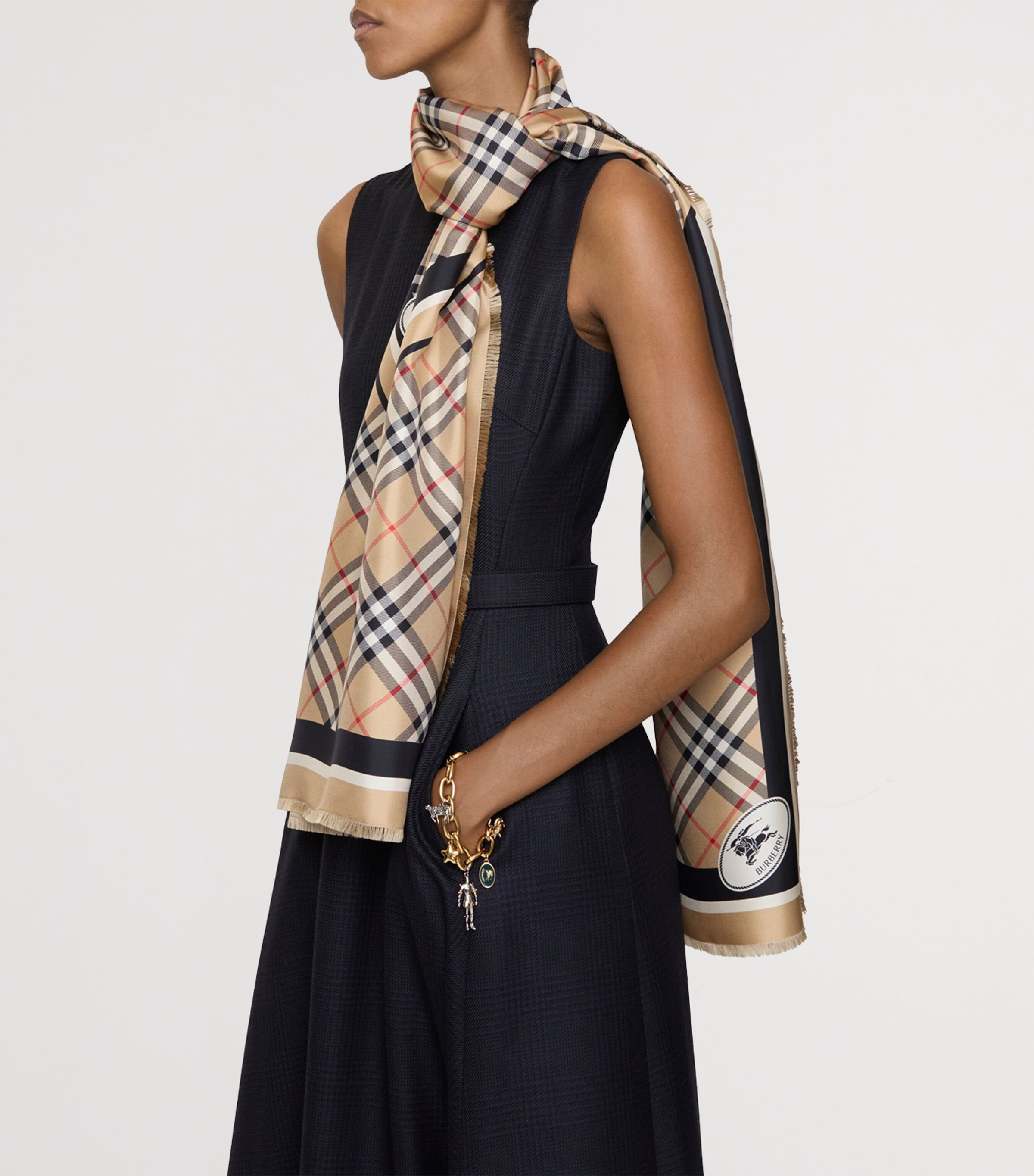 Silk Check Fringed Scarf SAND Image 3