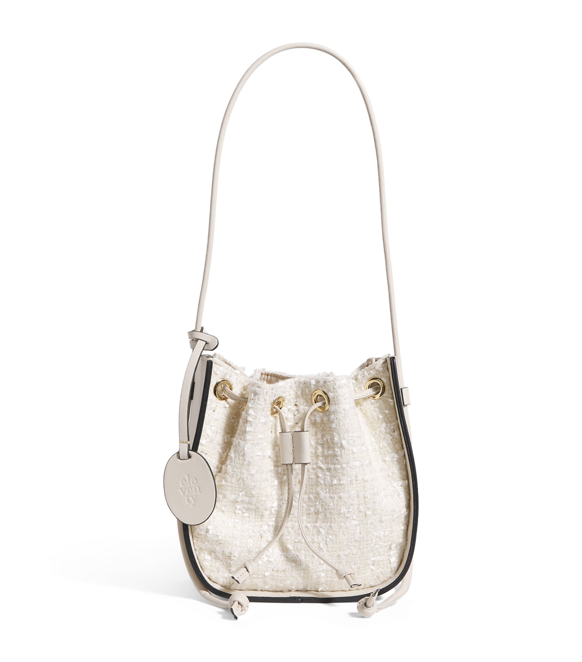 Eleventy Leather-tweed Drawstring Bucket Bag In White