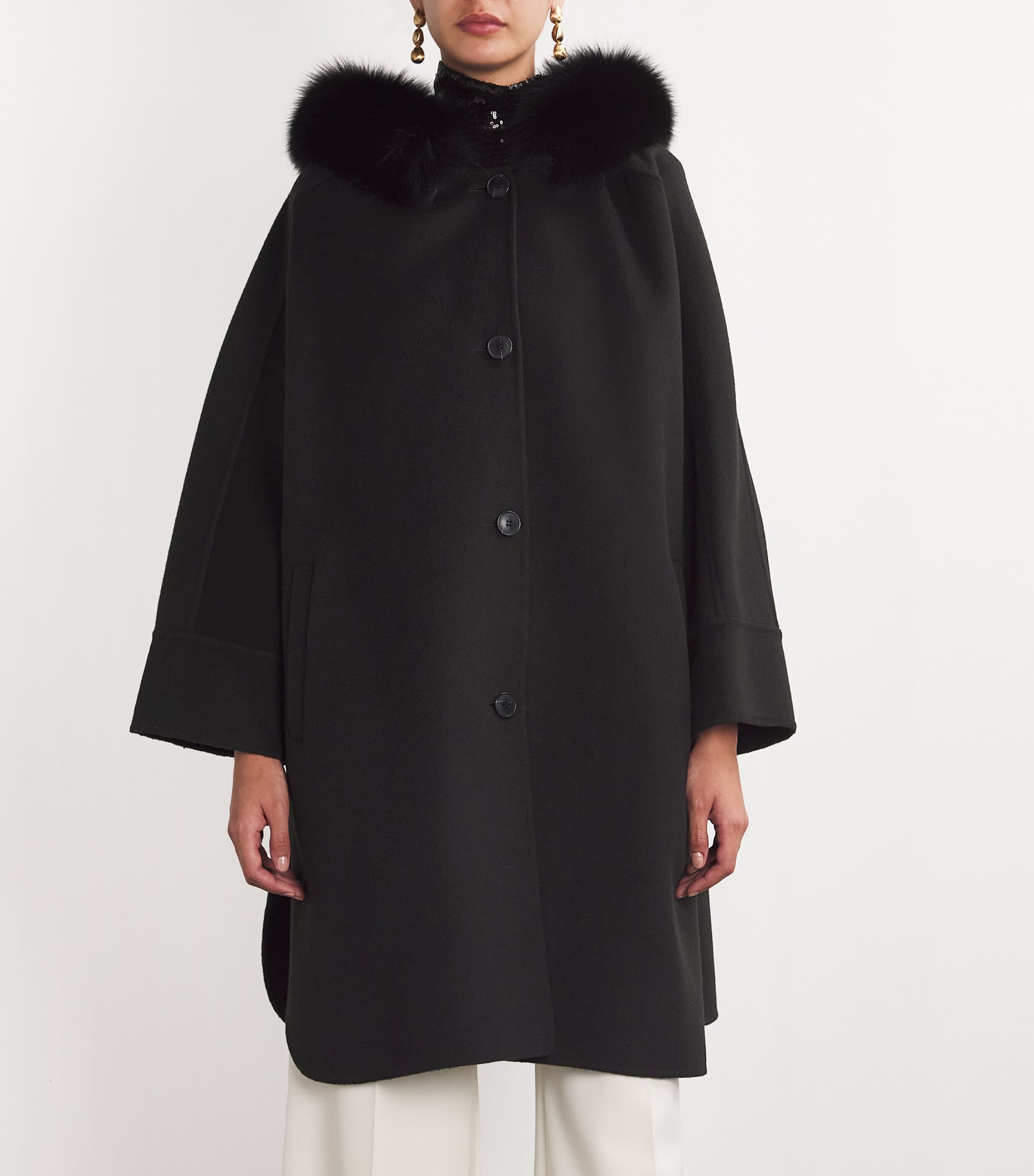 Yves Salomon Womens Wool-Cashmere Fox-Trim Cape Coat Image 3
