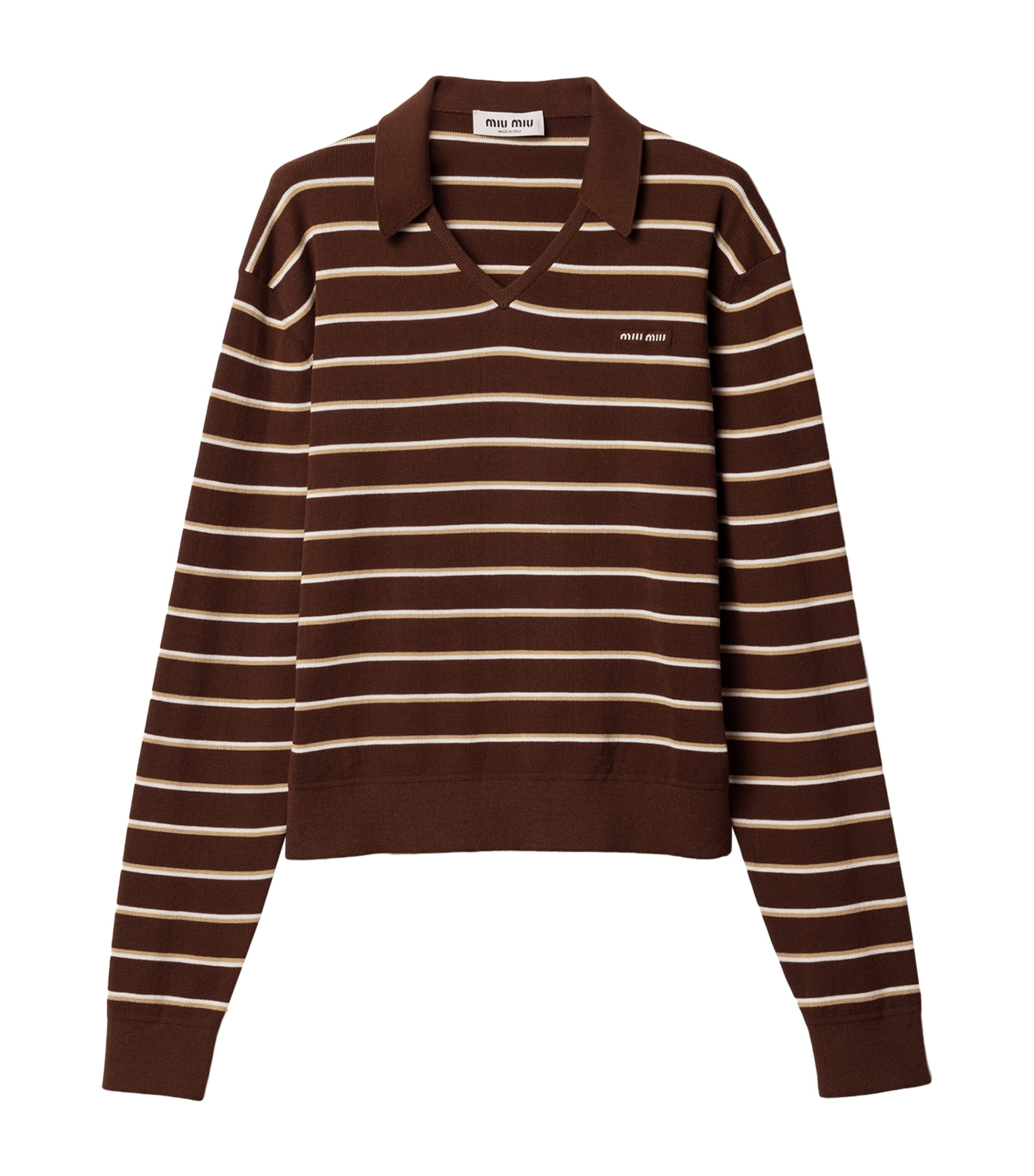 Miu Miu Cotton-Blend Stripe Polo Sweater Brown