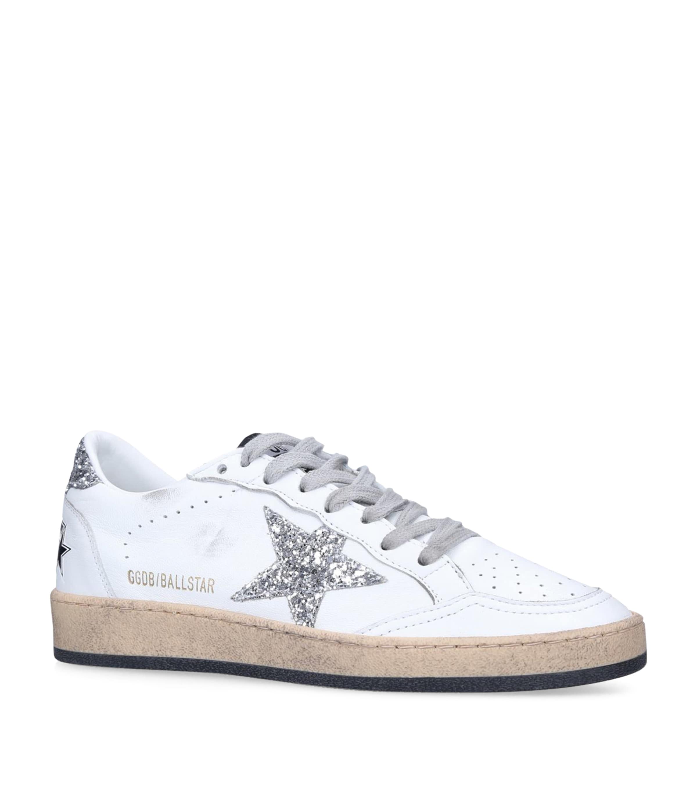 Golden Goose Ball Star Distressed Glittered Leather Sneakers In White