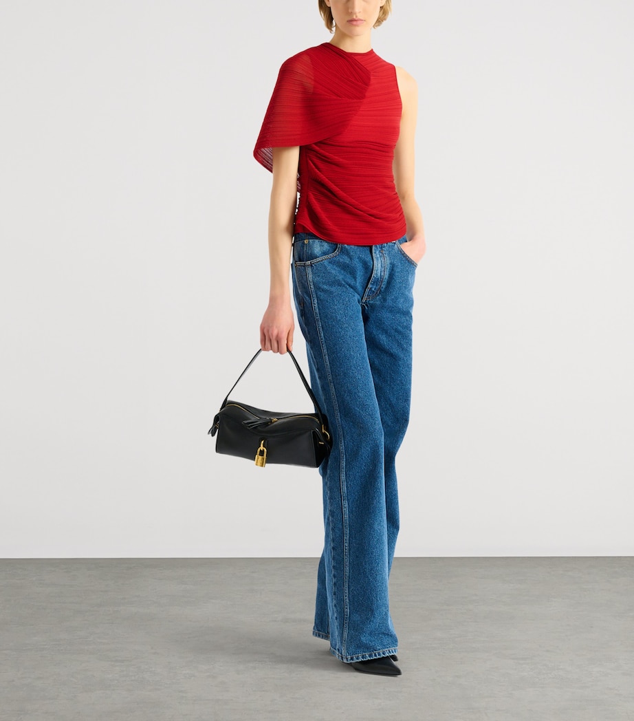 Balmain Womens Ruched Asymmetrical Top Rouge Carmin Image 2
