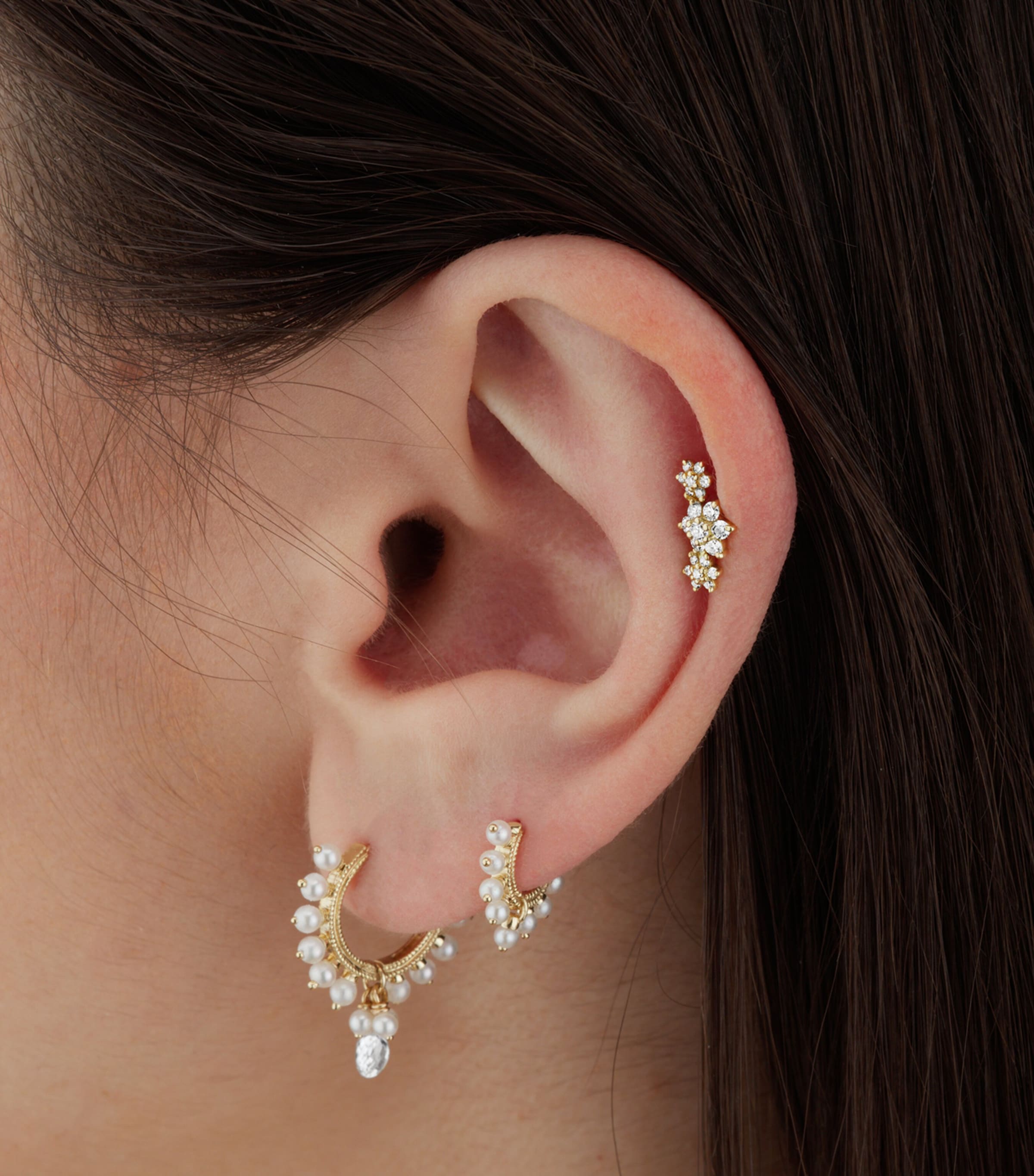 Gold Three Flower Garland Diamond Threaded Stud Earring WHITE GOLD Image 2