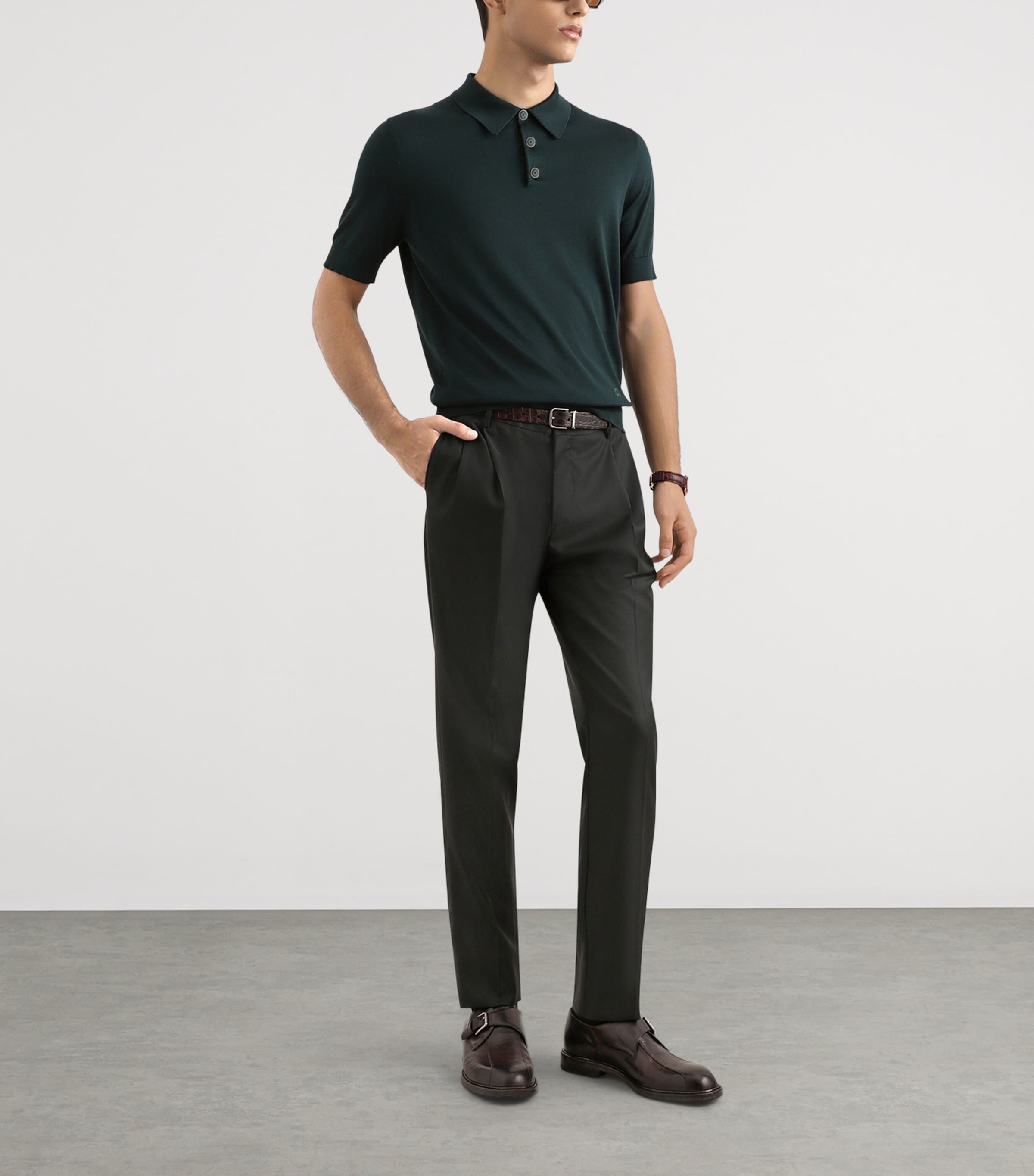 Virgin Wool Tailored Trousers V0687-DARK GREE Image 2