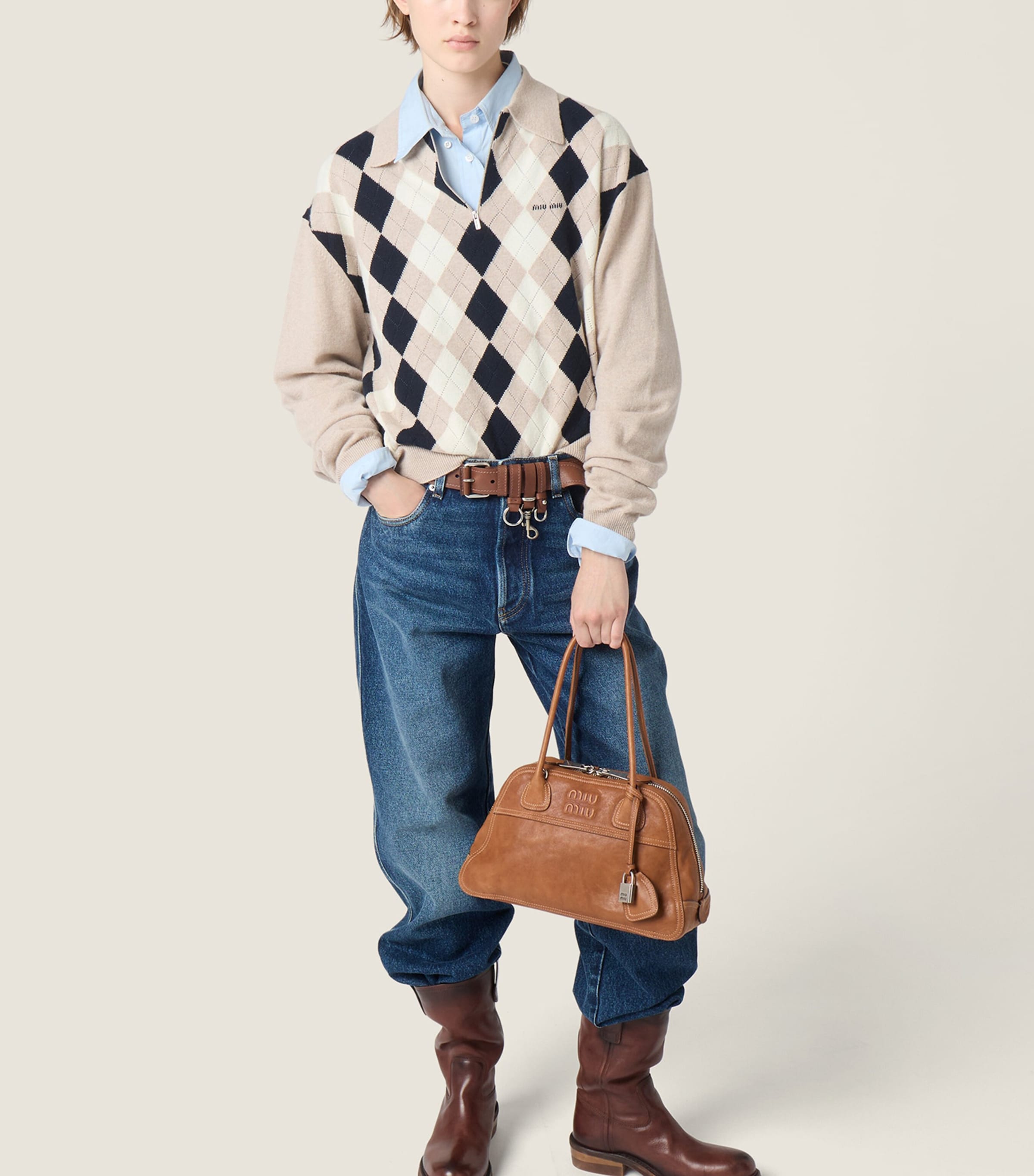 Miu Miu Womens Cashmere Argyle Polo Sweater Neutral Image 5