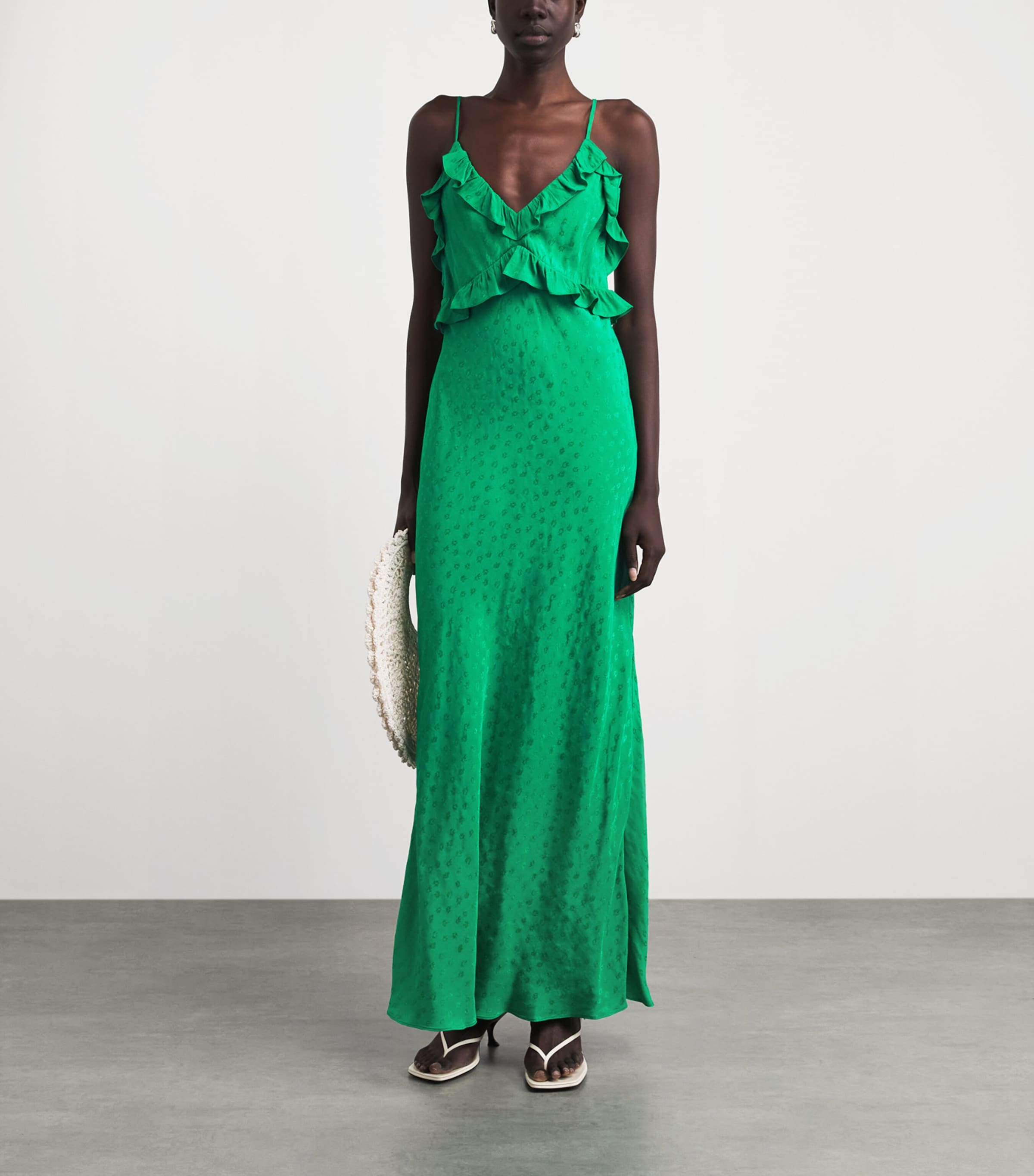 Sandro Paris Womens Ruffled-Detail Jacquard Maxi Dress Green Image 2