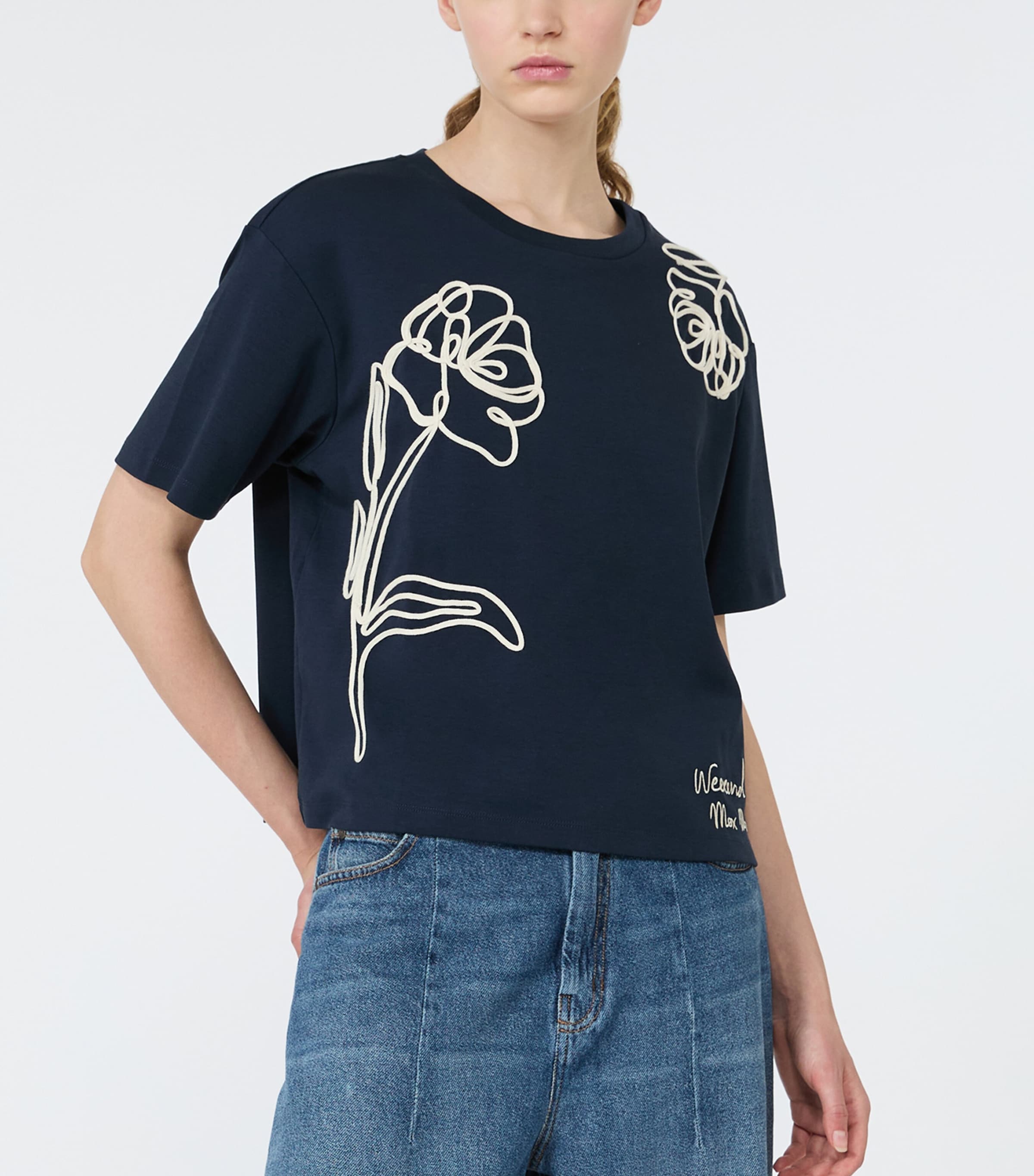 Weekend Max Mara Womens Cotton Embroidered Flower T-Shirt Navy Image 3