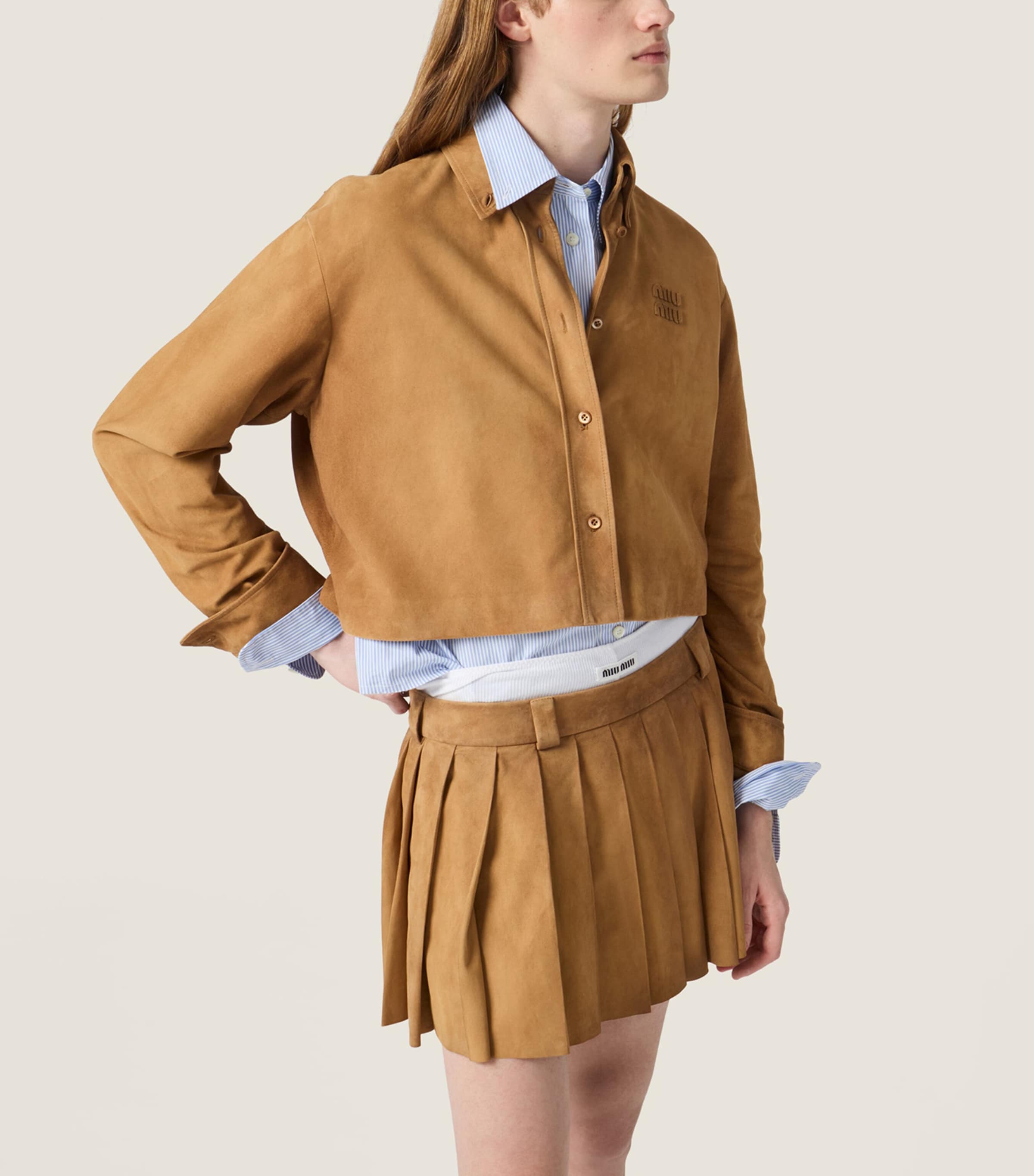 Miu Miu Womens Waxed Suede Pleated Miniskirt Neutral Image 6