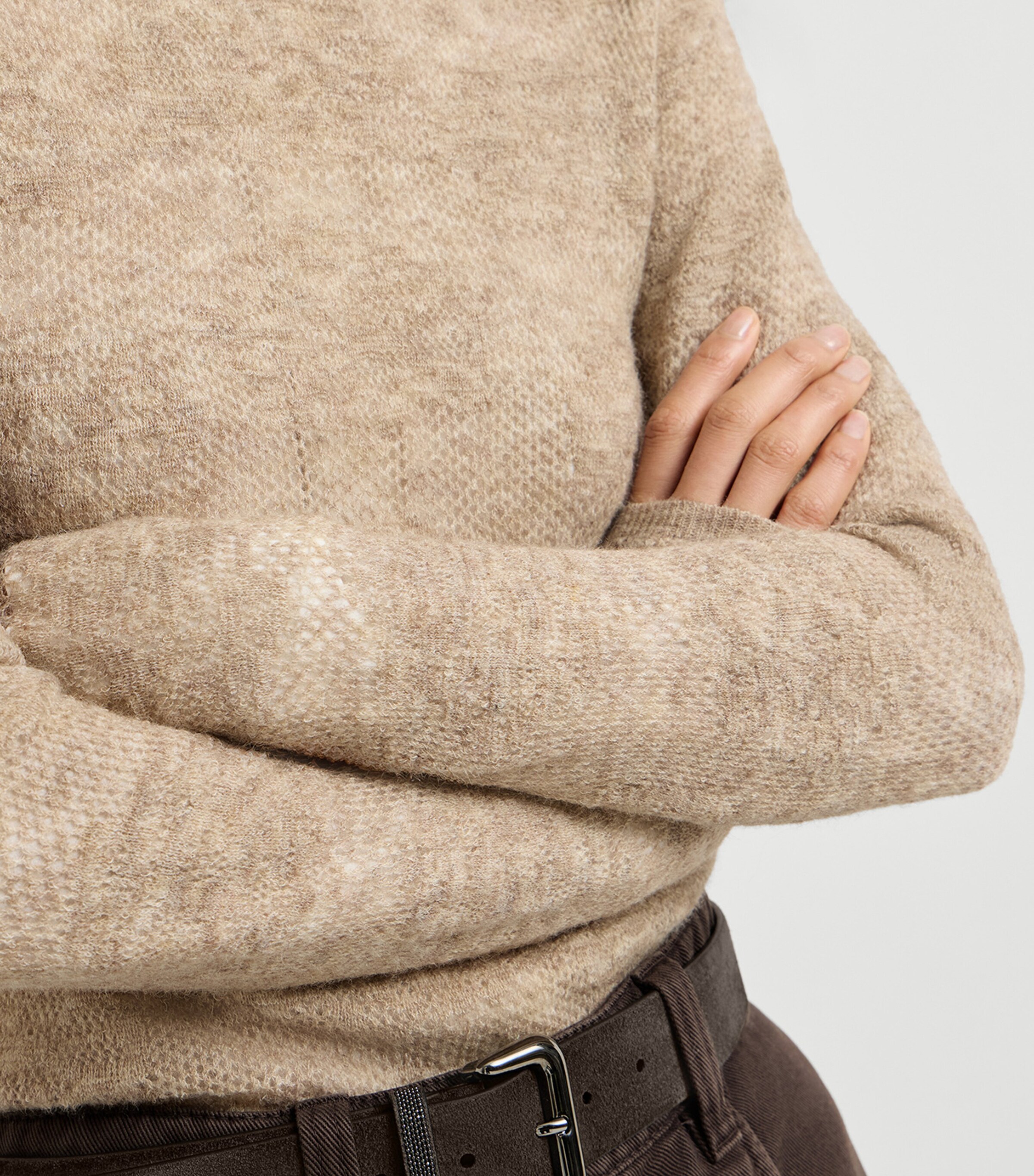 Brunello Cucinelli Womens Silk-Alpaca-Wool Lace-Detail Sweater Brown Image 6