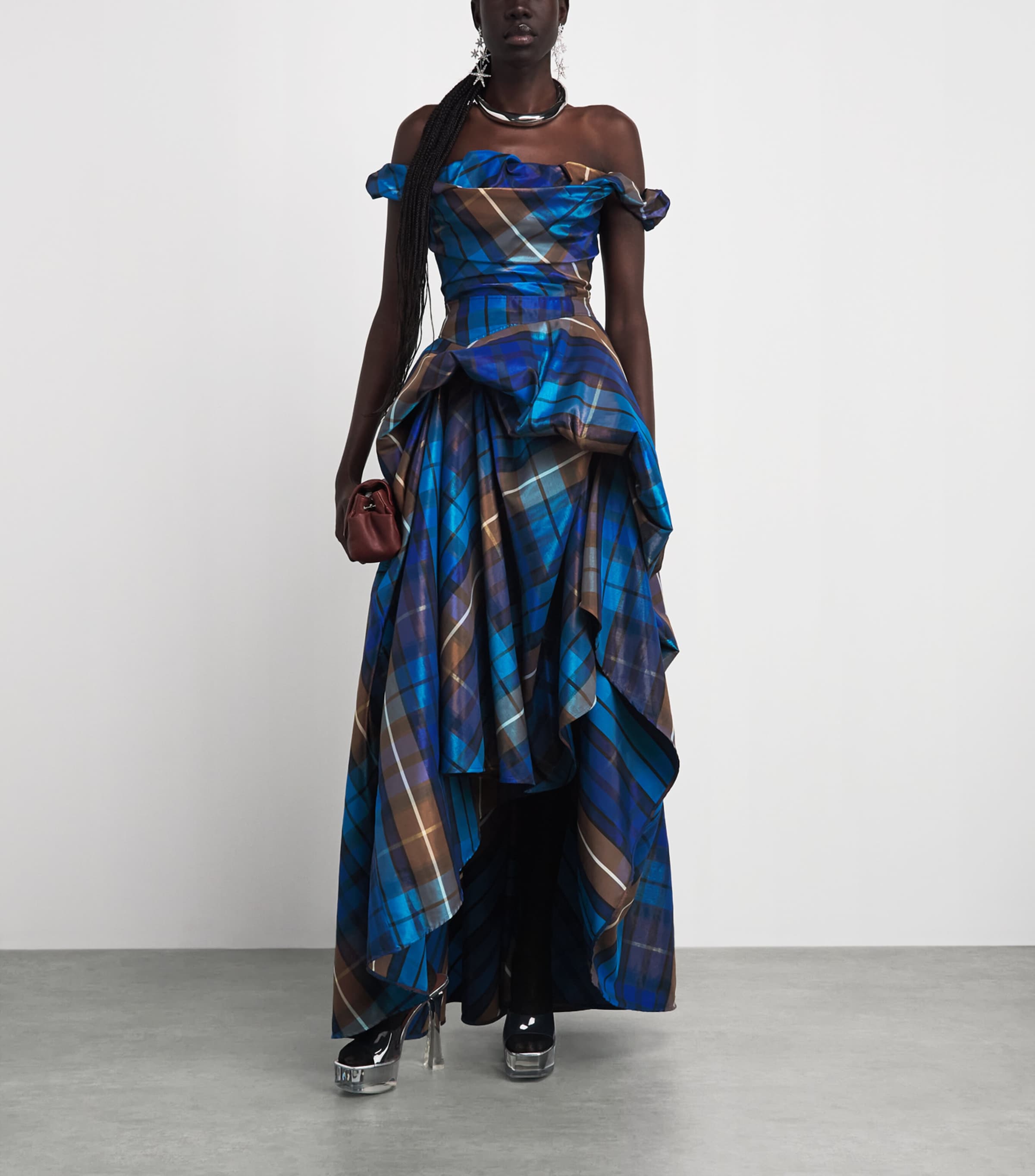 Vivienne Westwood Womens Tartan Off-The-Shoulder Chichi Gown Shny Blue/brown Image 2
