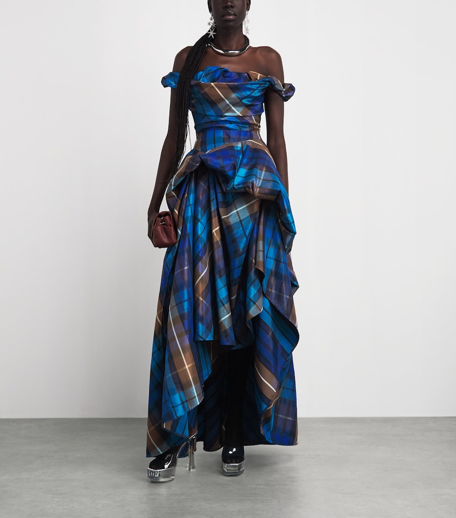 Vivienne Westwood Womens Tartan Off-The-Shoulder Chichi Gown Shny Blue/brown Image 2