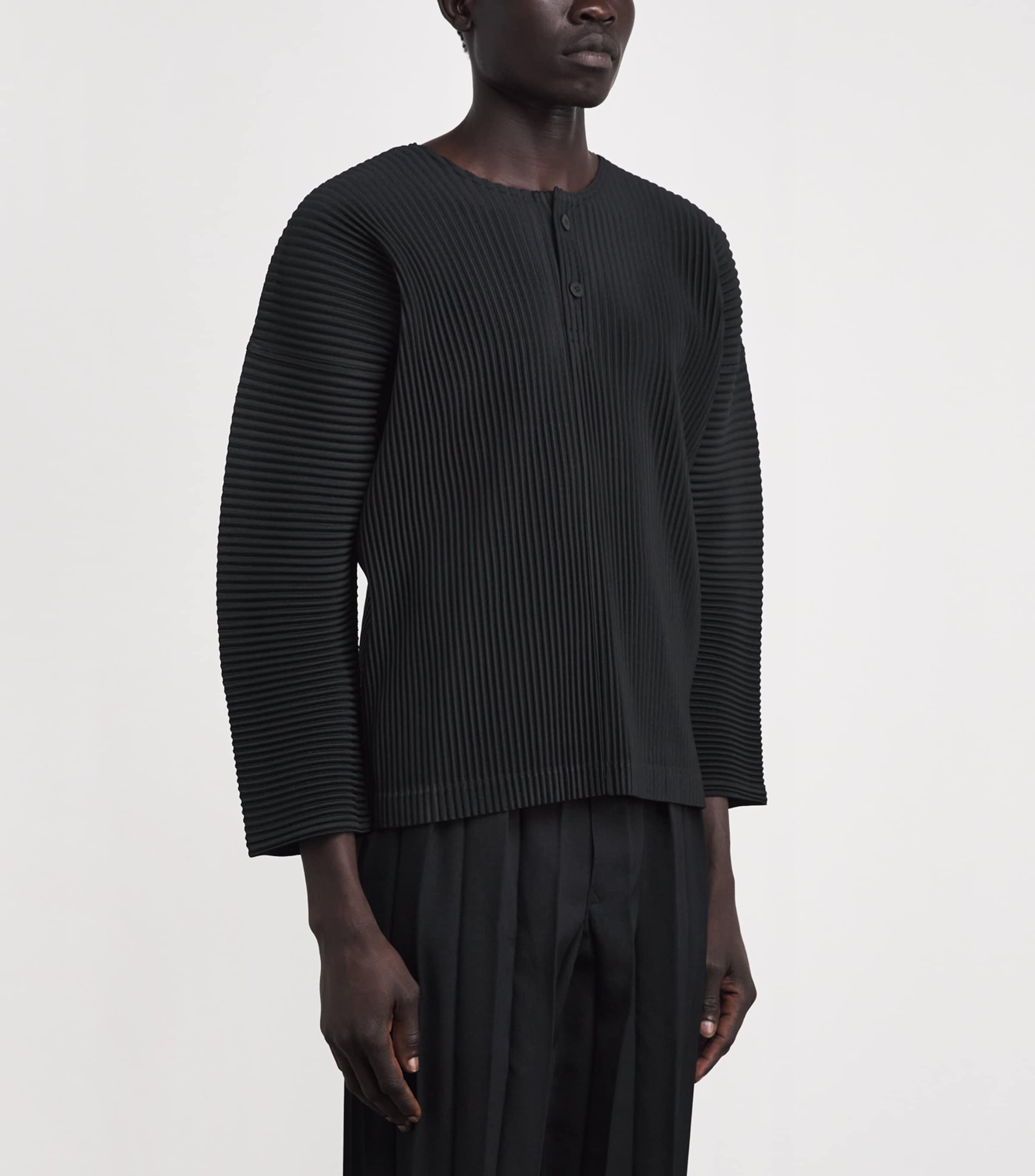 Homme Plissé Issey Miyake Mens Pleated Henley Shirt Black Image 4