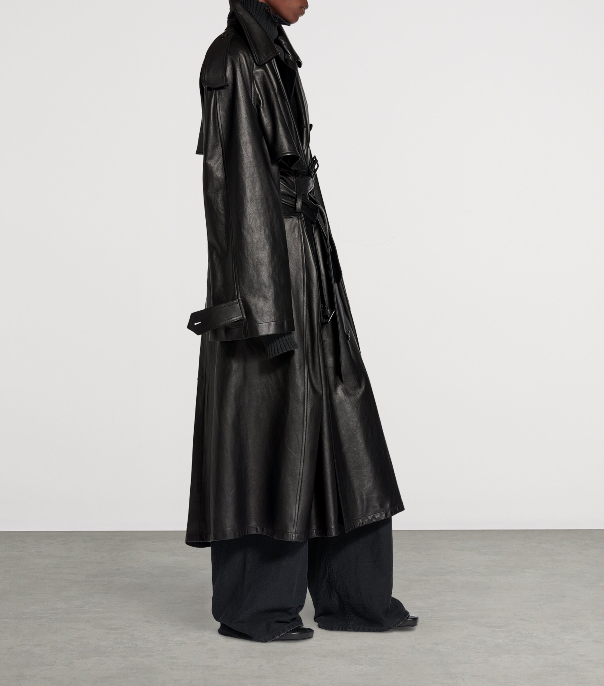 Balenciaga Black Leather Double-Belt Trench Coat | Harrods US