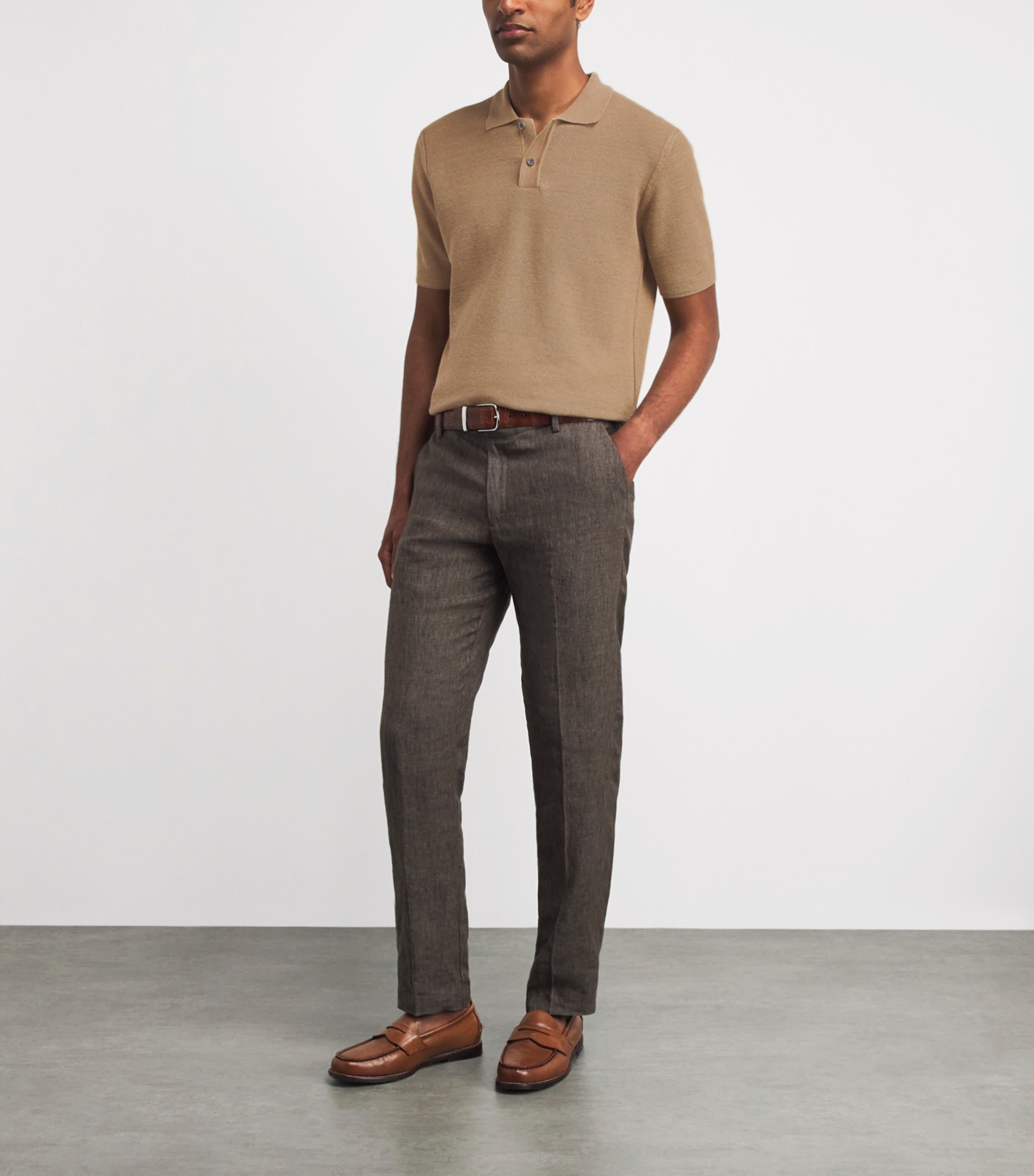 Sunspel Mens Linen-Silk Honeycomb Polo shirt Brgt Hazelwood Image 2