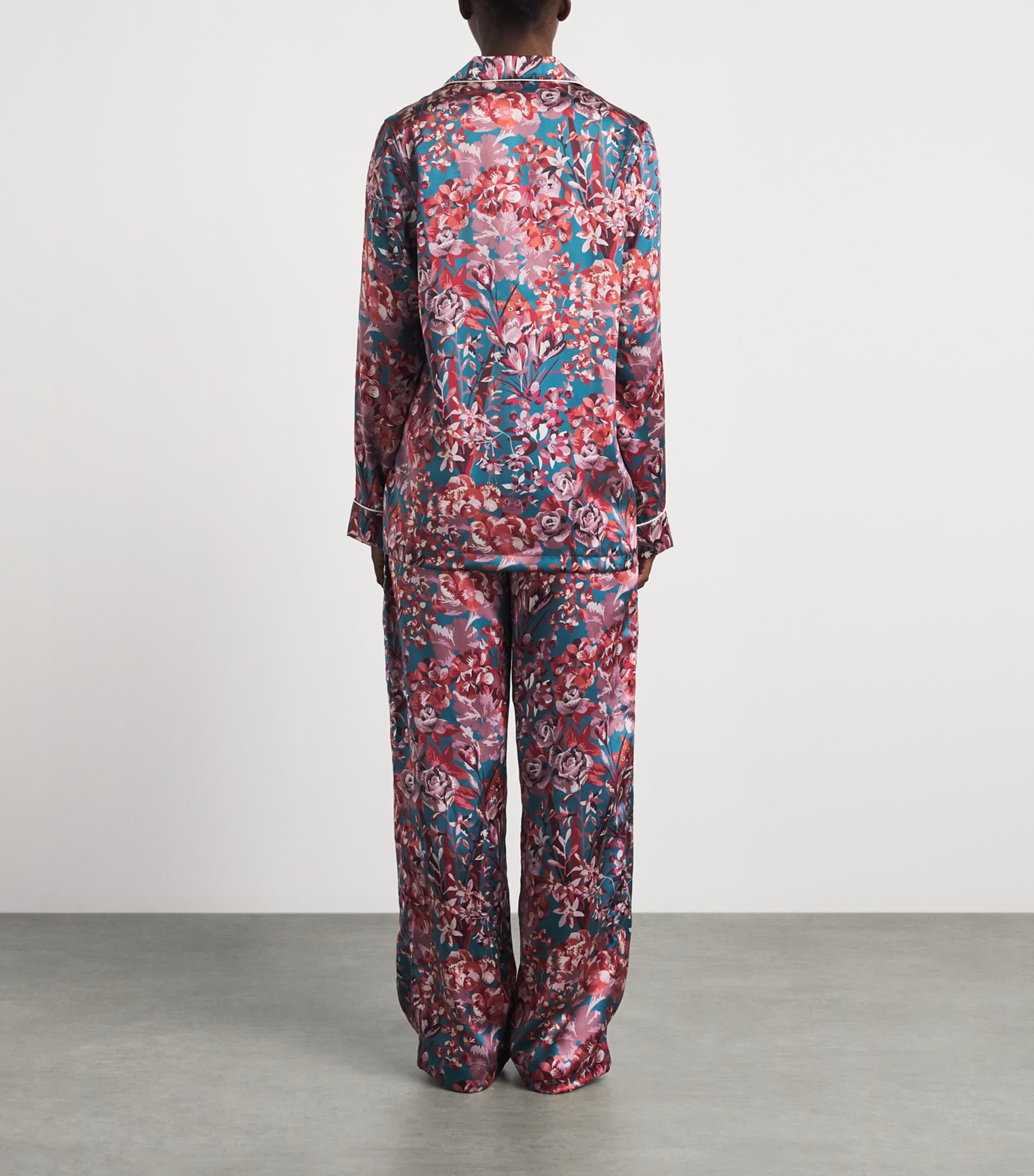 Derek Rose Womens Silk Floral Long Pyjama Set Teal Image 4