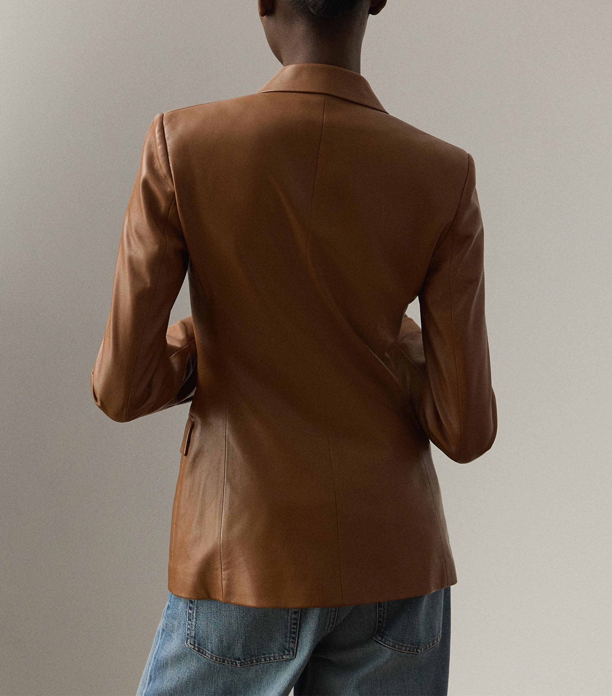 Leather Double-Breasted Blazer LIGHT TOFFEE Image 3