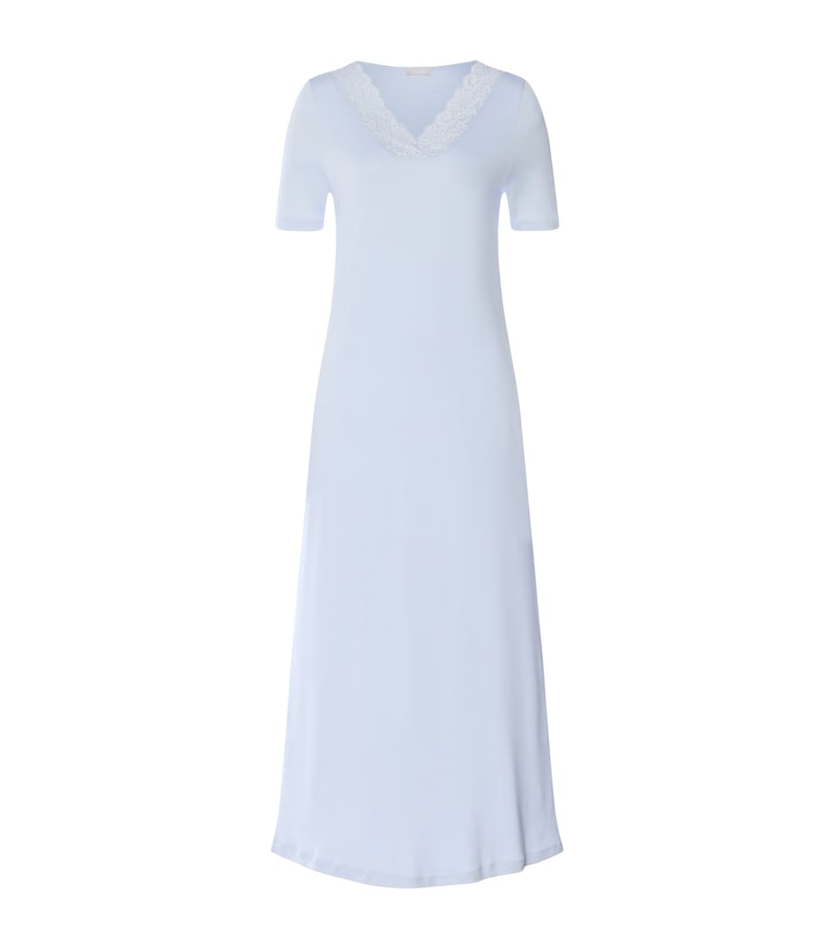 Hanro Womens Cotton Lace-Trim Moments Nightdress Blue Dove Image 1
