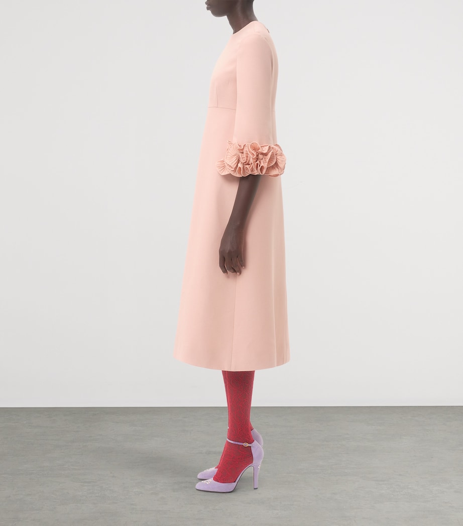 Wool-Silk Floral-Sleeve Midi Dress 0LZ Image 5