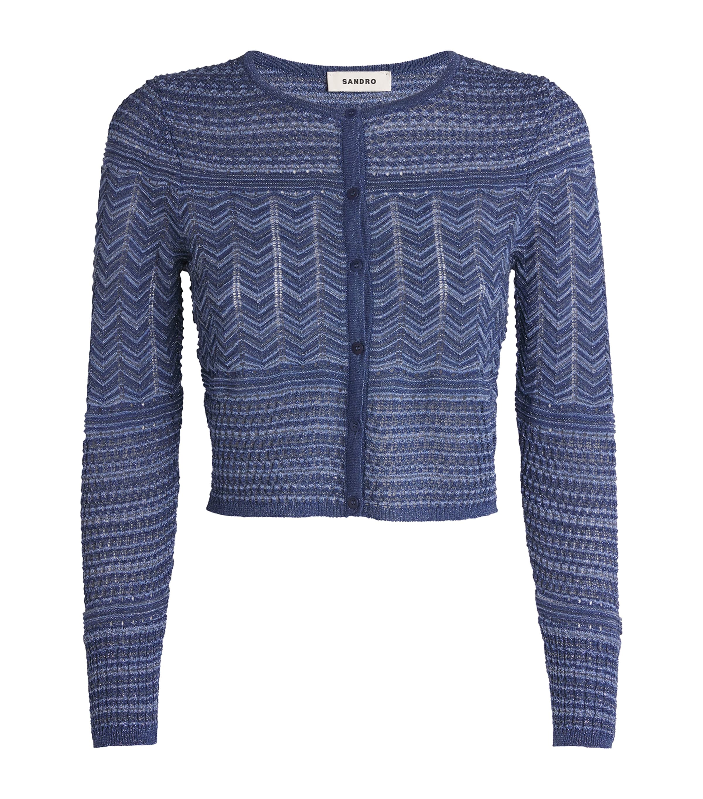 Sandro Glitter Crewneck Cardigan Sweater In Blue
