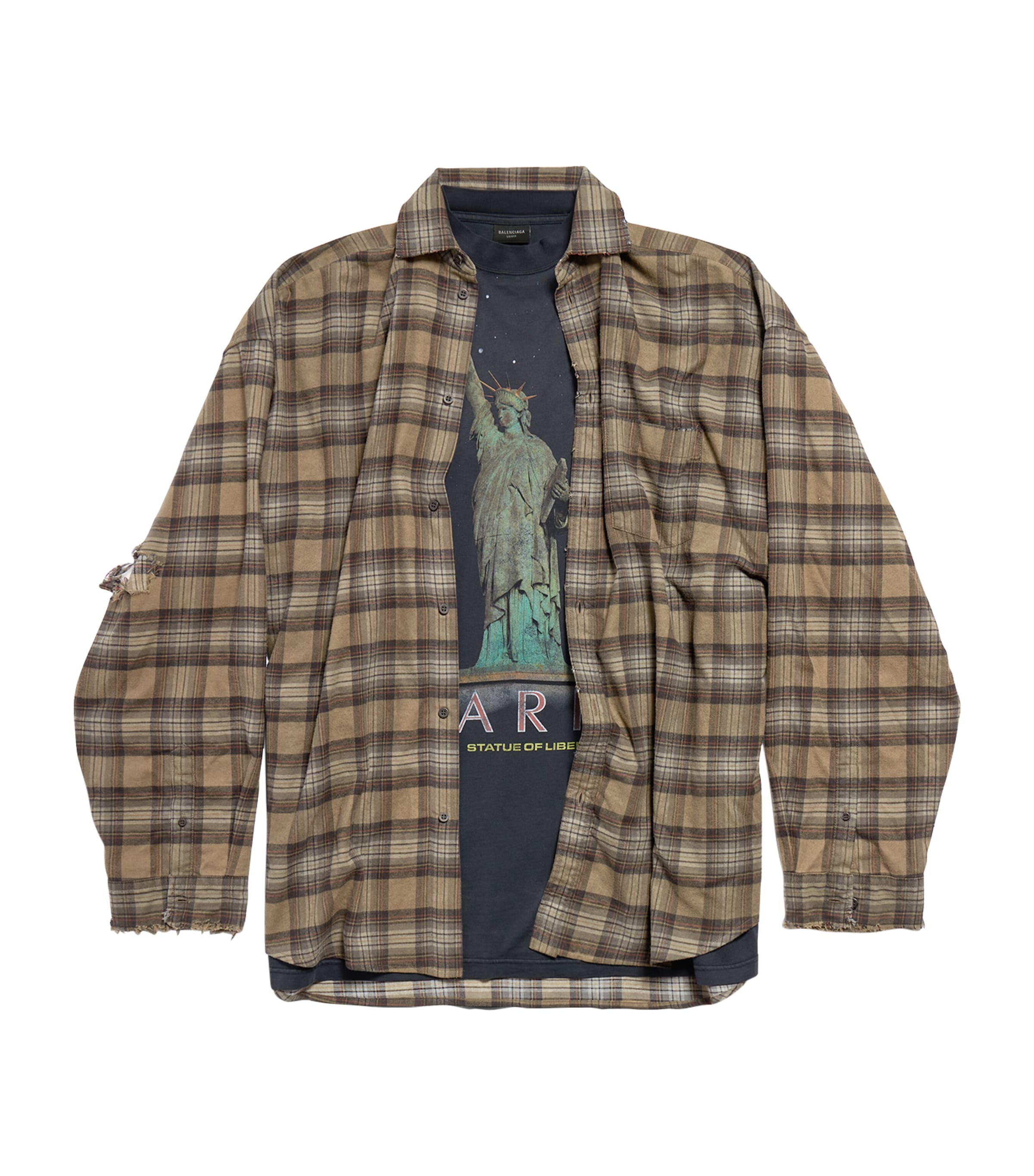 Balenciaga Distressed Check Layered Shirt In Beige