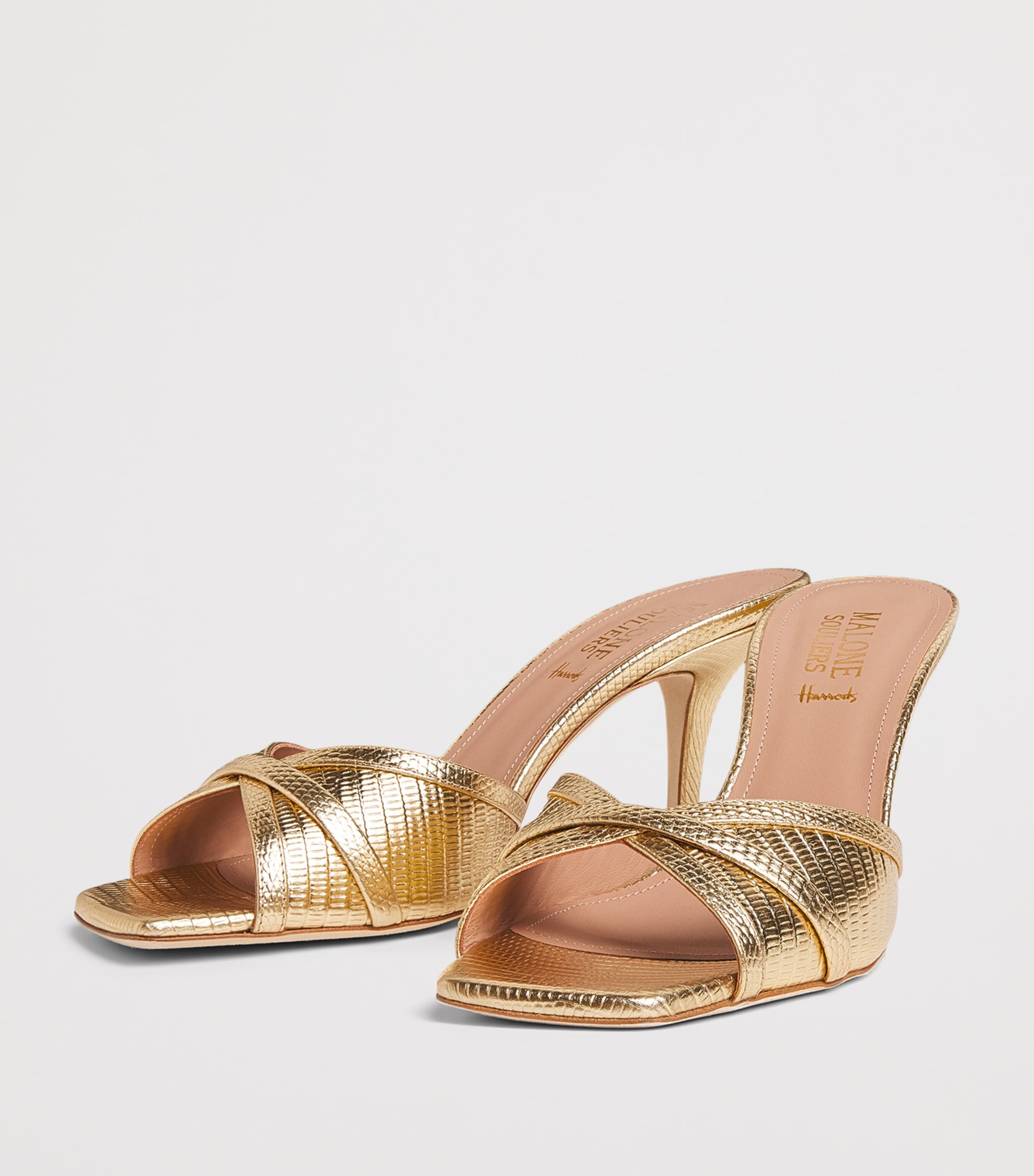 Malone Souliers x Harrods Exclusive Metallic Leather Embossed Perla Mules 70 Antique Gold Image 3