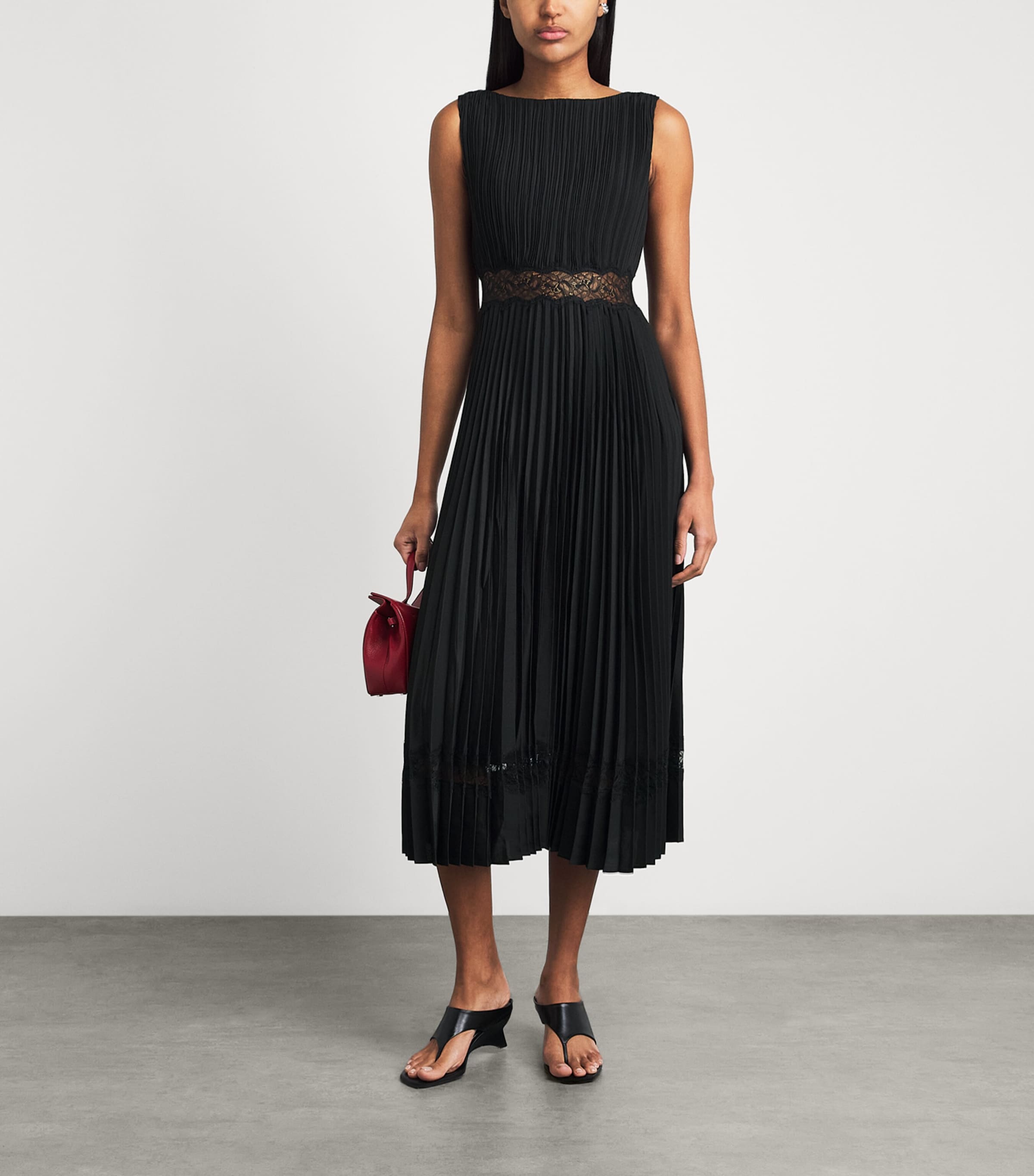 Claudie Pierlot Black Pleated Lace-Band Midi Dress | Harrods US
