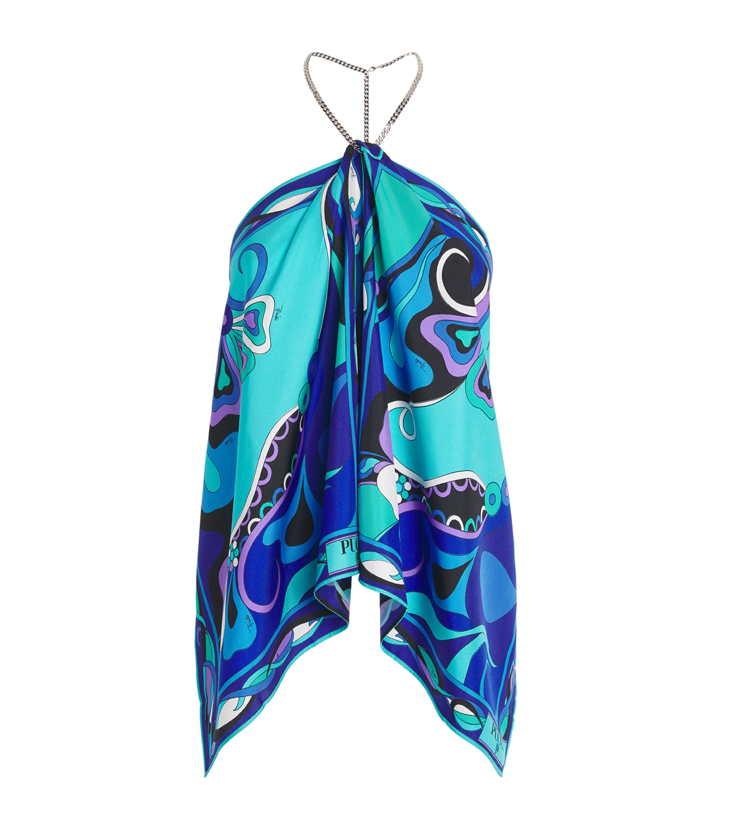PUCCI Womens Silk Orchidee Halterneck Top Turquoise Image 1