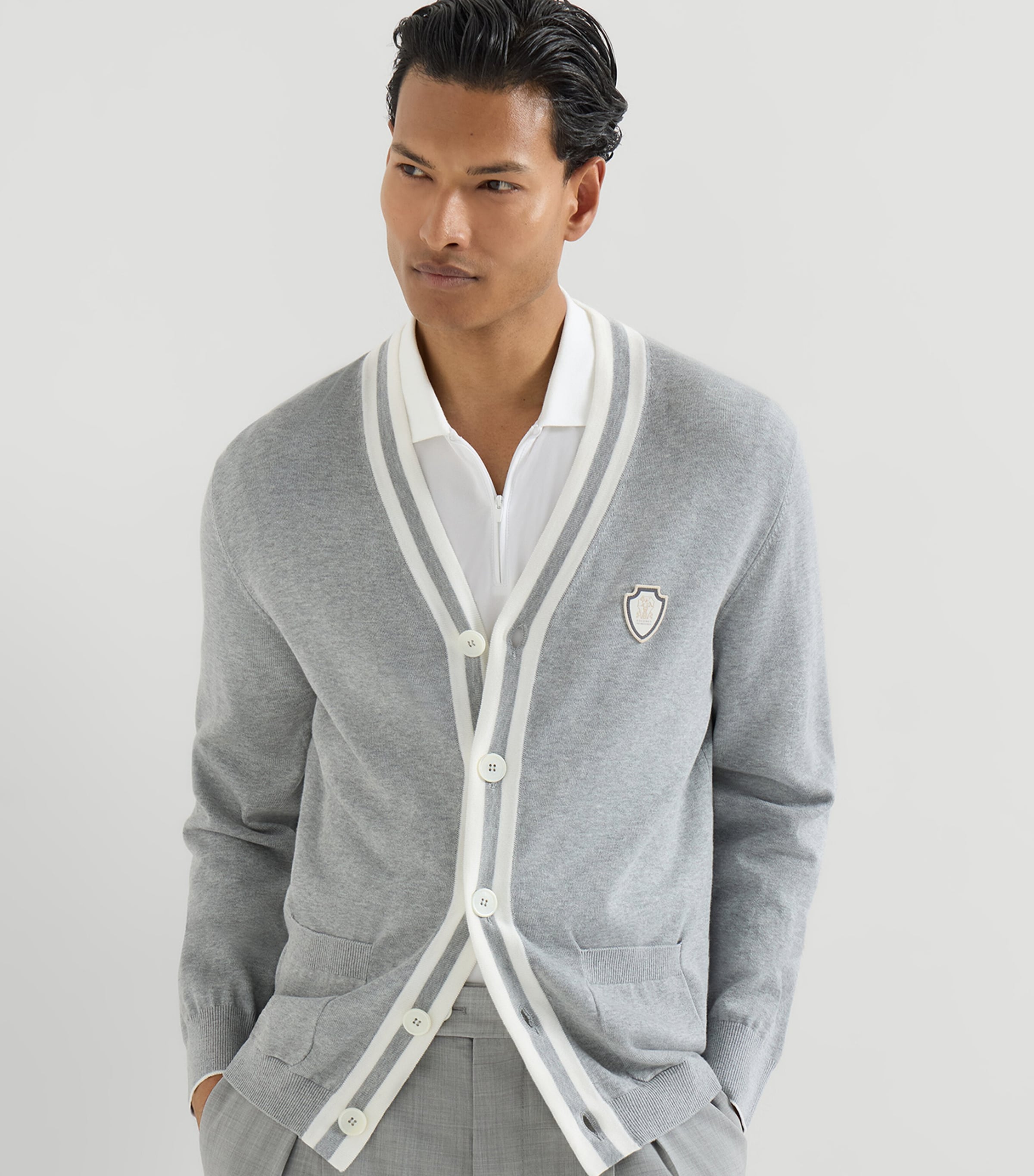 Brunello Cucinelli Grey Cotton Crest Cardigan | Harrods CN