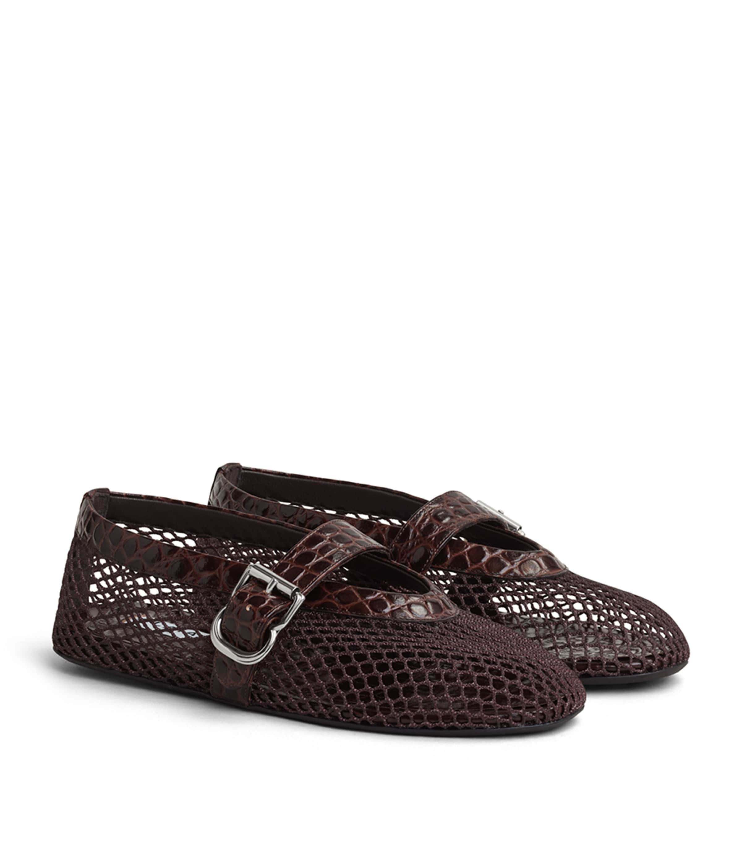 Alaïa Croc-Embossed Leather Mesh Ballet Flats Dark Brown Image 3