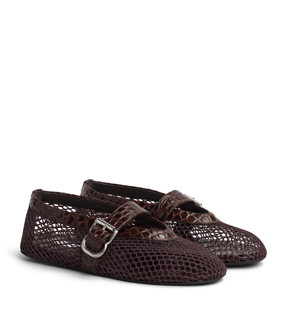 Alaïa Croc-Embossed Leather Mesh Ballet Flats Dark Brown Image 3