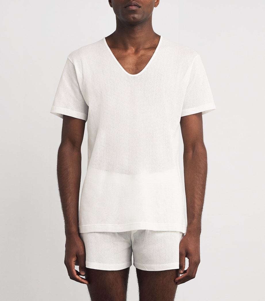 Cotton Mesh Cellular V-Neck T-Shirt WHITE Image 3