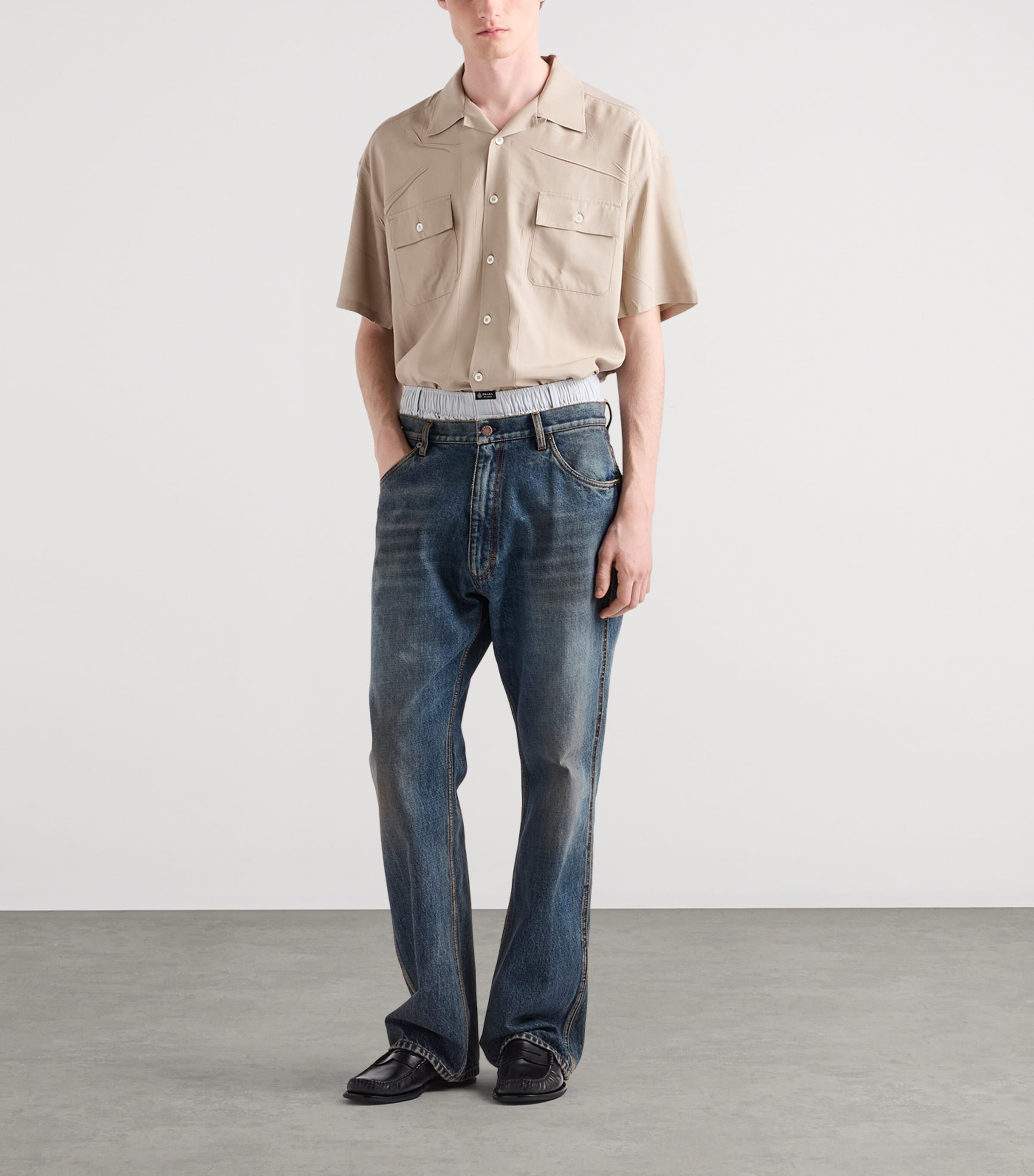 Prada Mens Silk Short-Sleeve Shirt Neutral Image 2