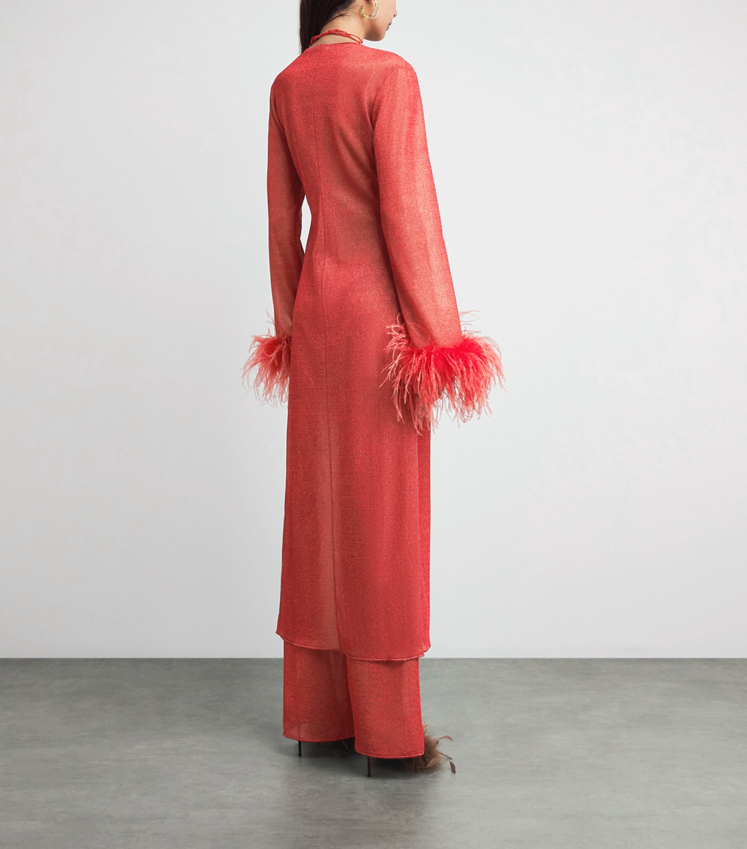 Oséree Womens Feather-Trim Maxi Kaftan Dress Coral Image 4