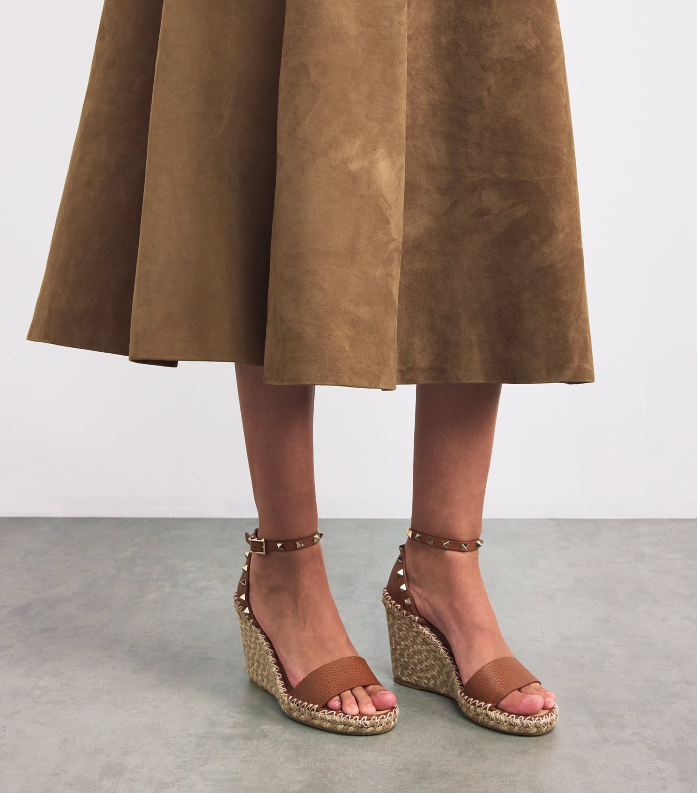 Leather Rockstud Espadrille Wedges 105 MID BROWN Image 2