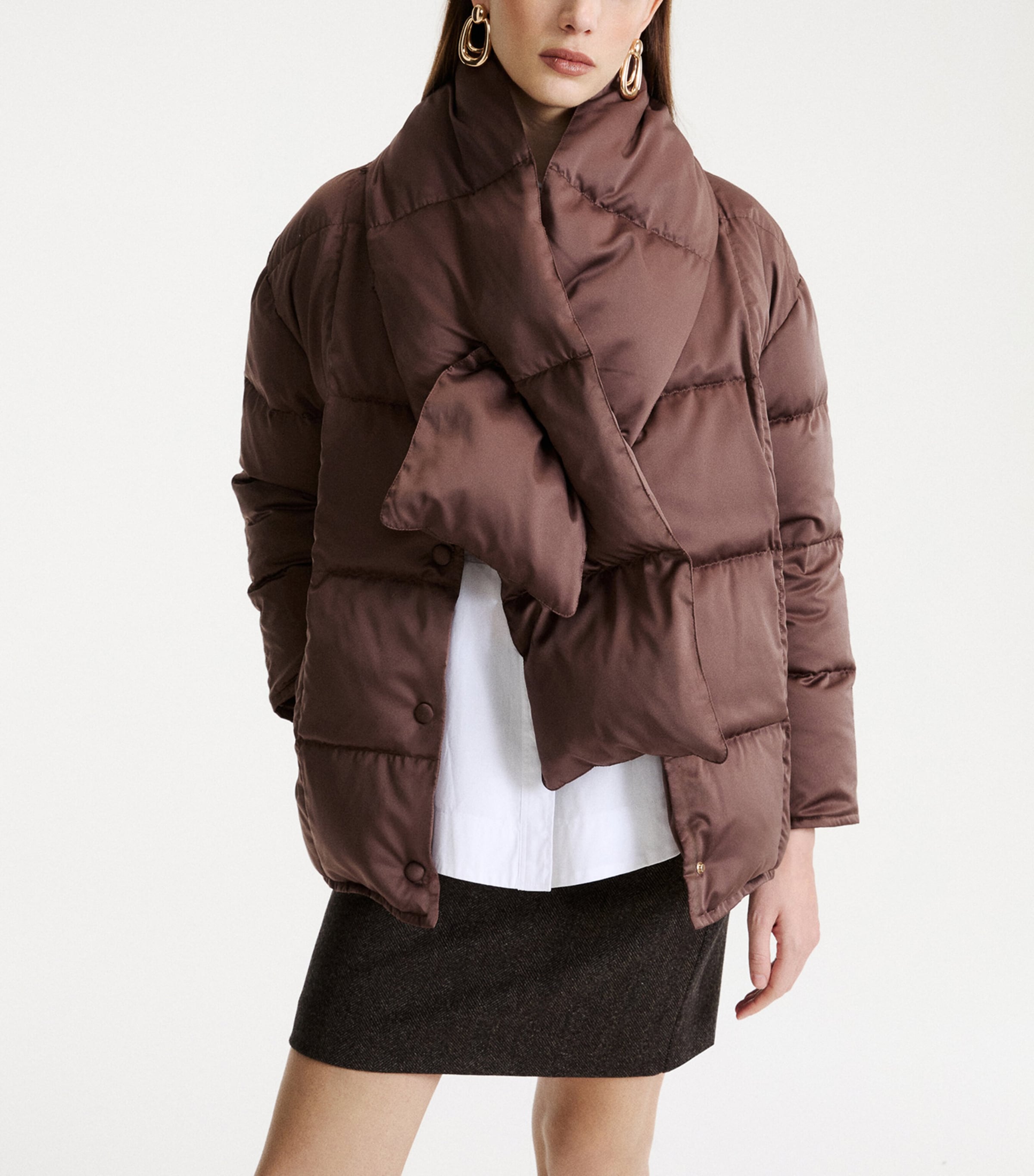 Marella Womens Down Detachable-Scarf Quilted Jacket Brown Image 4