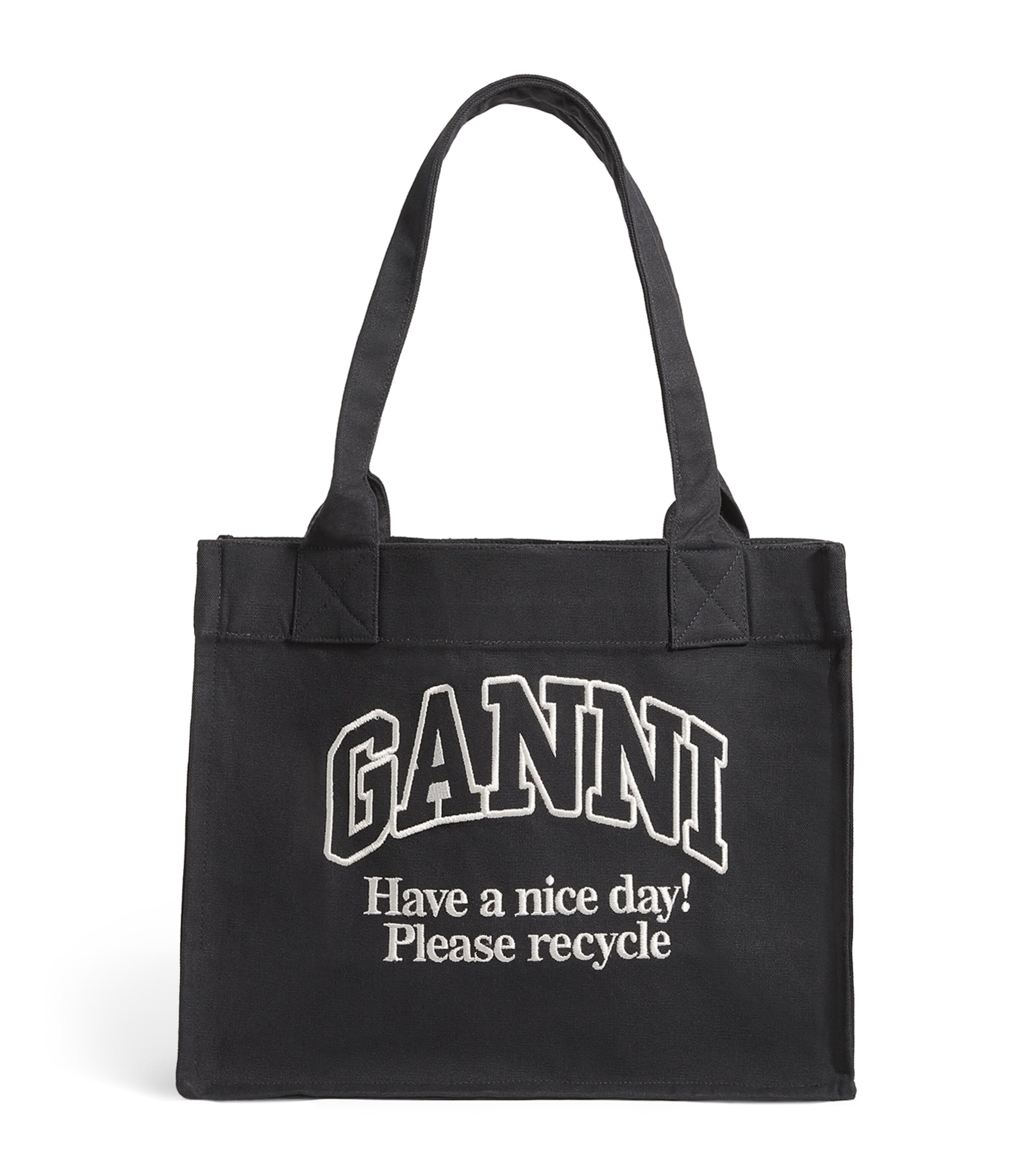 Ganni Black Shopper With Embroidered Logo On The Front In Black