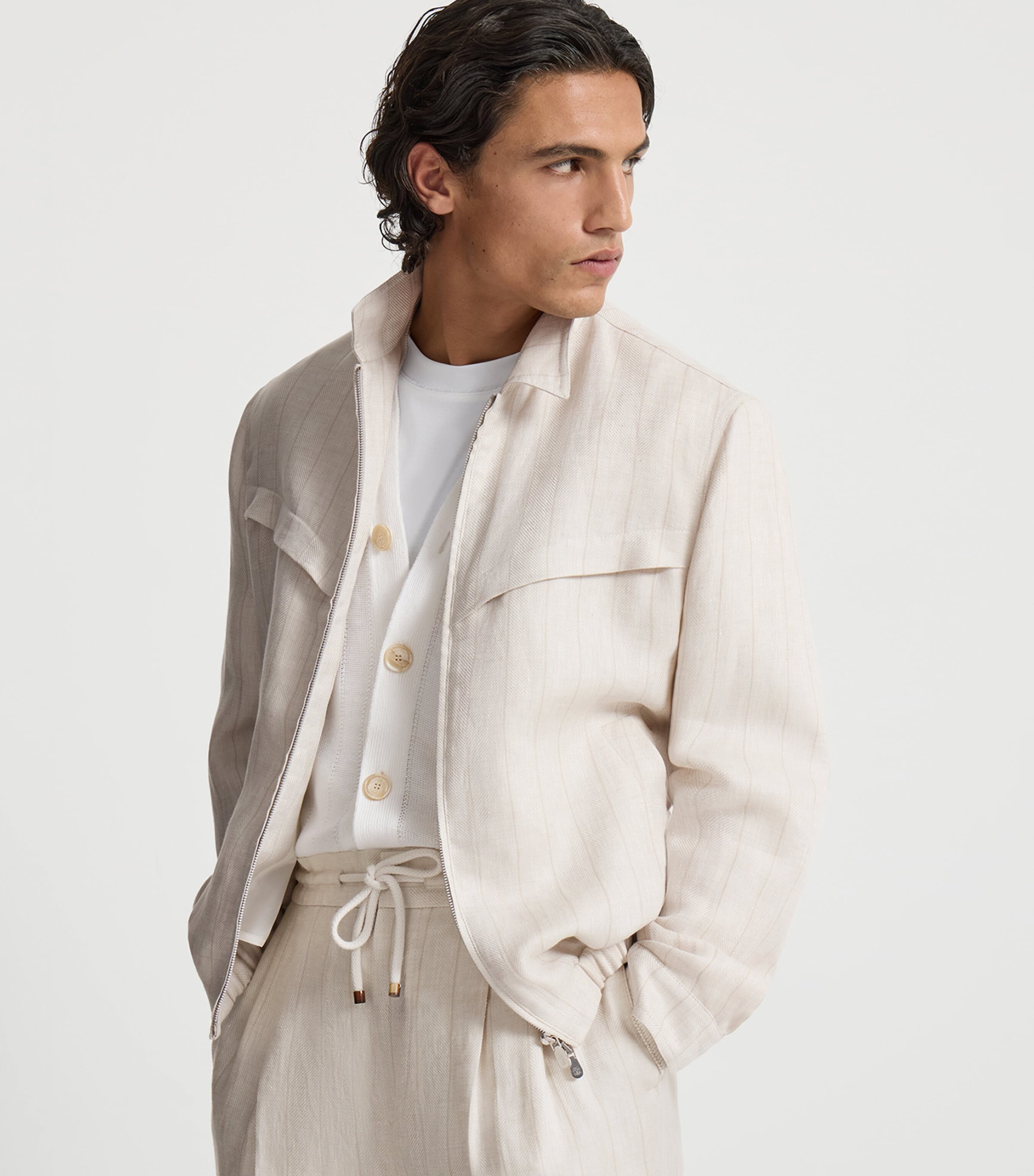 Brunello Cucinelli Mens Linen Pinstripe Bomber Jacket Image 3