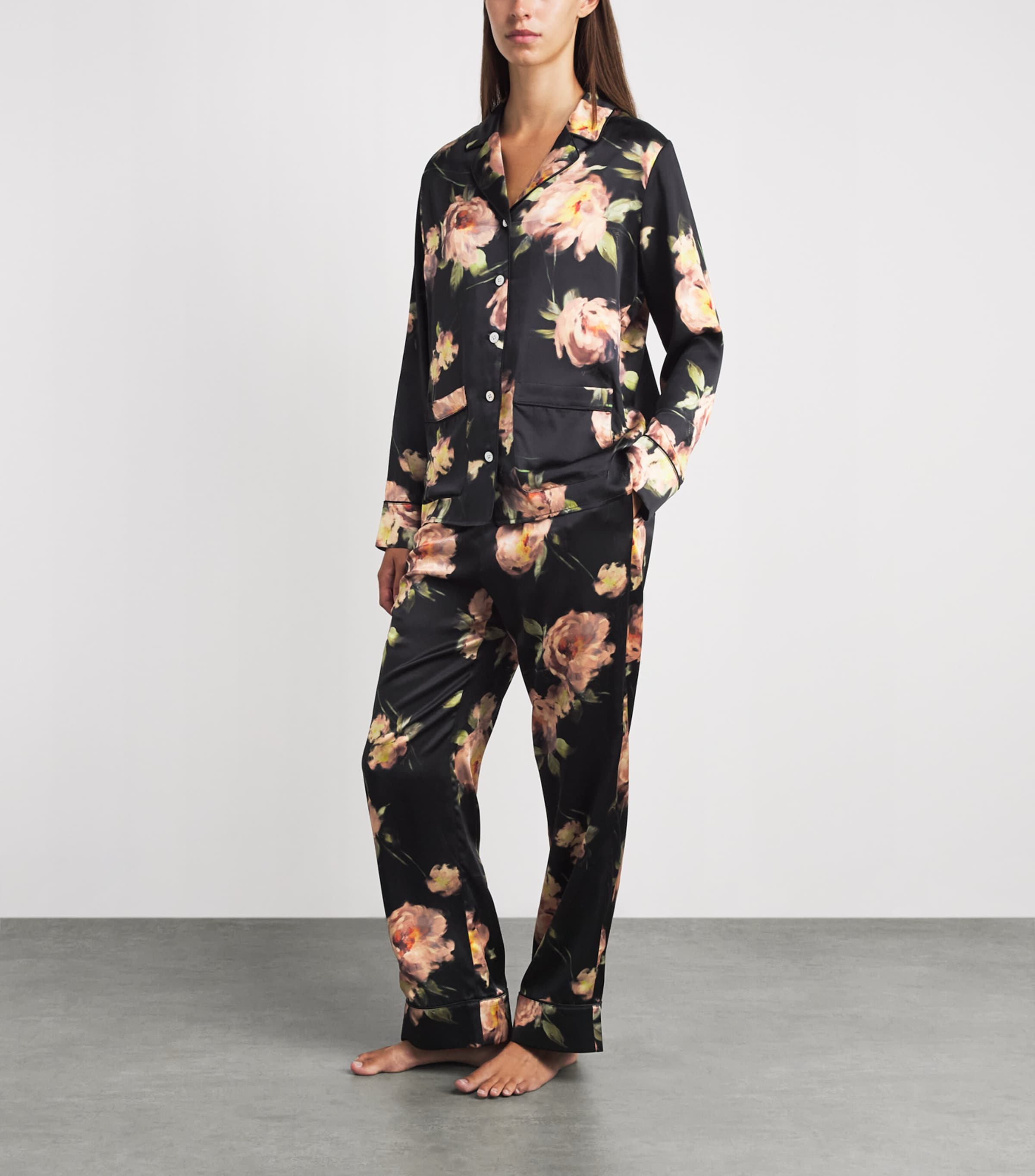 Harrods Womens Silk Midnight Rose Pyjama Set Black Image 2