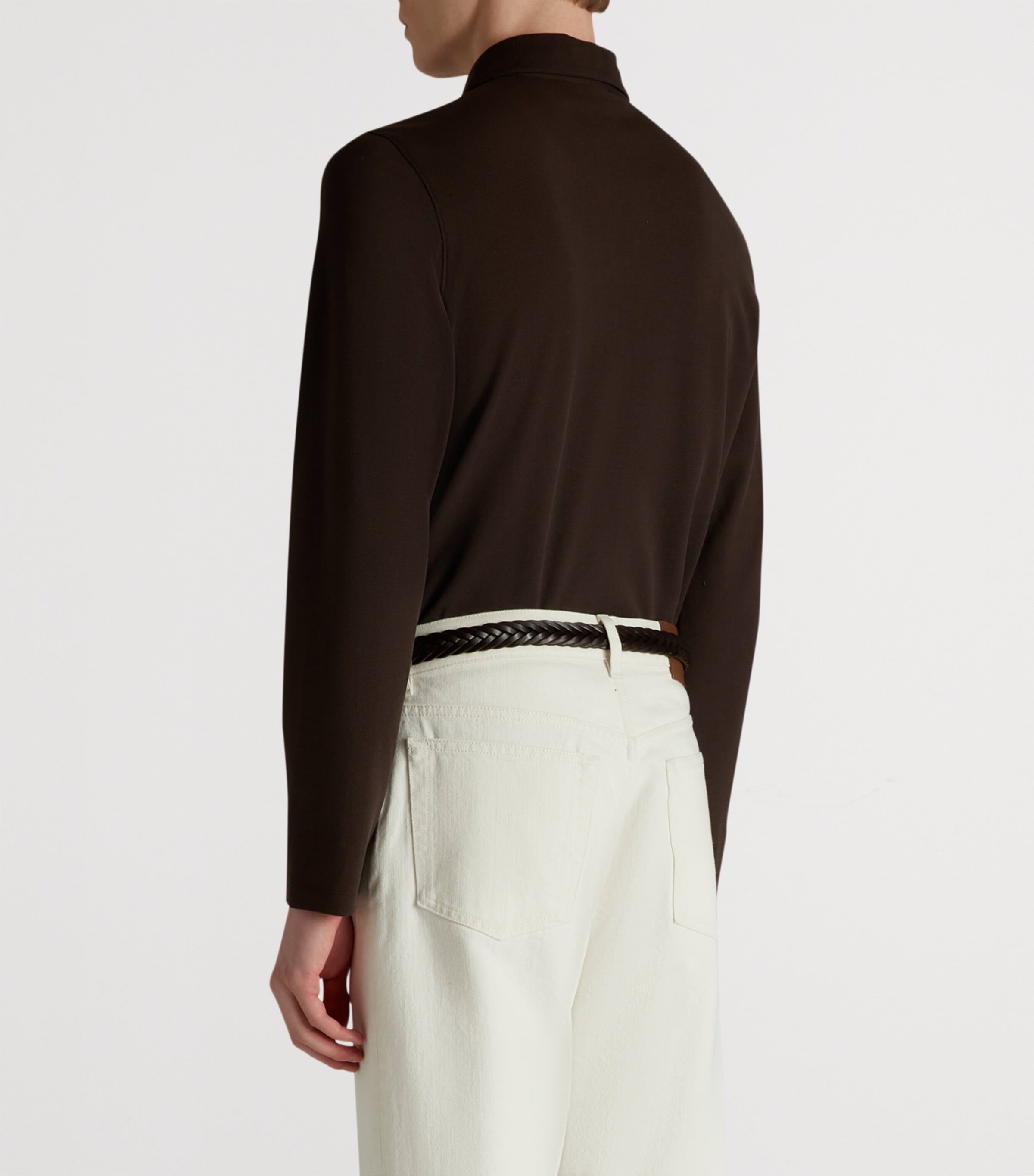 Cotton-Silk Piqué Long-Sleeve Polo Shirt 202CHOCOLATE Image 4