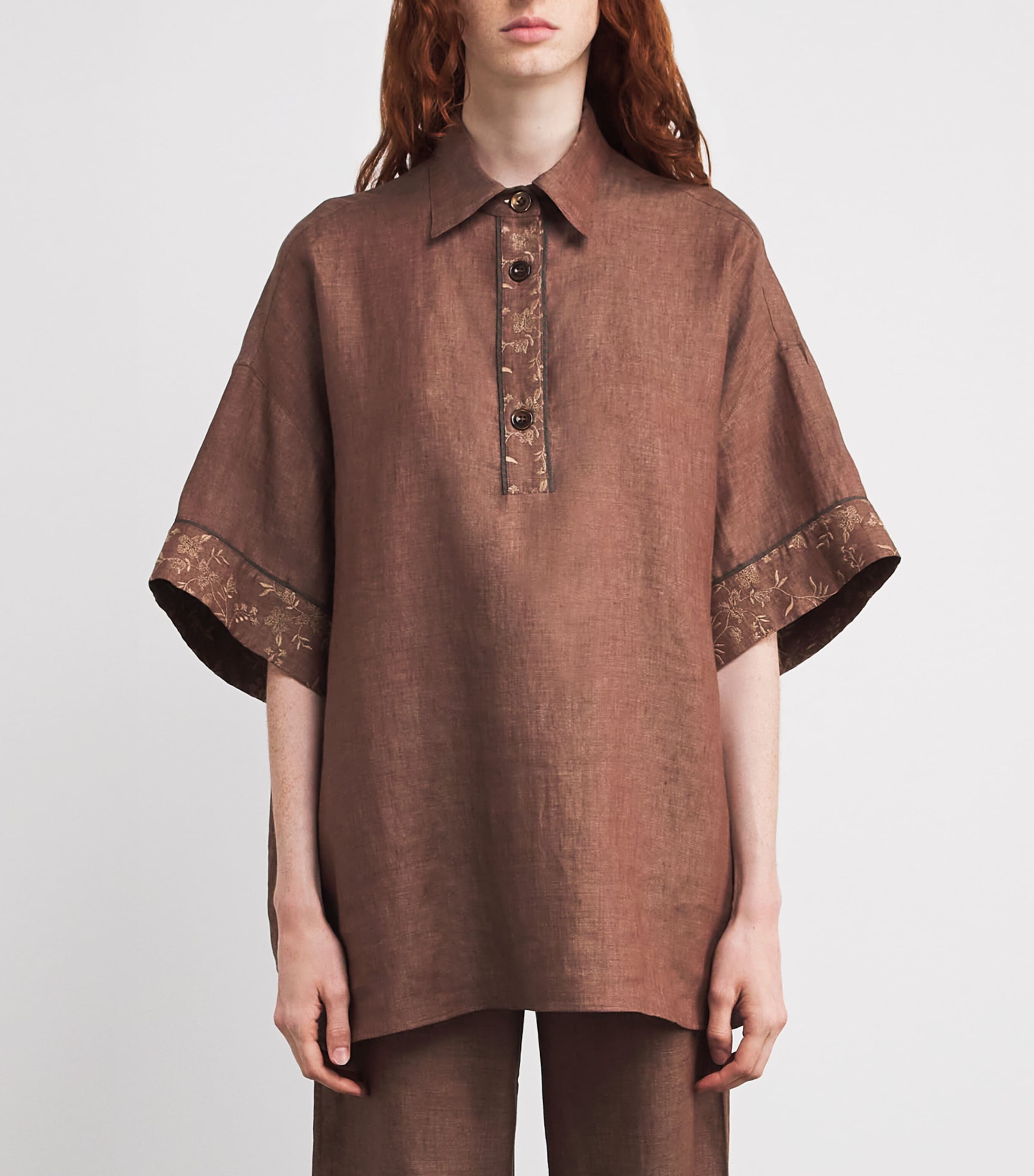 Eleventy Womens x Harrods Linen Embroidered Collared Shirt Vicuna Image 3