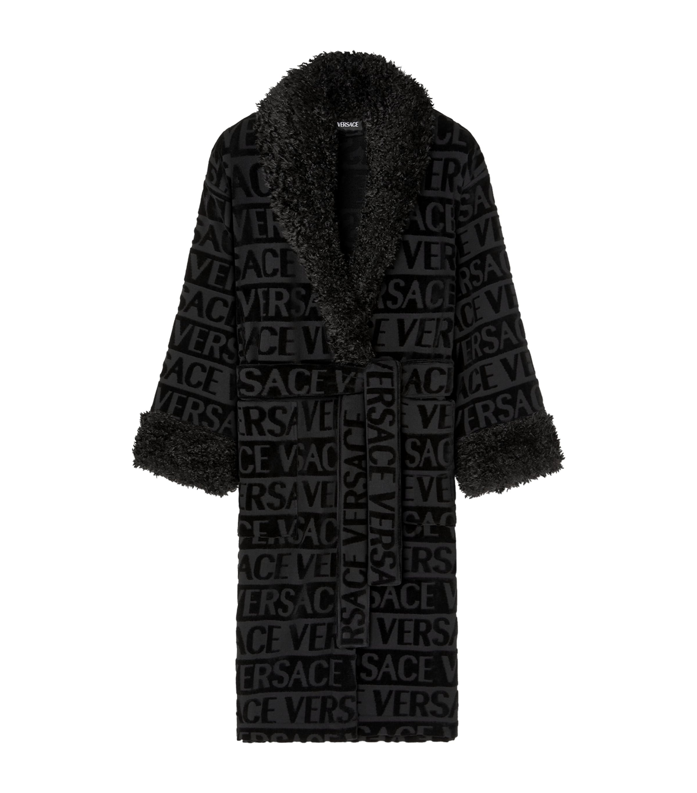 Versace Faux Fur-trim Monogram Dressing Gown In Black