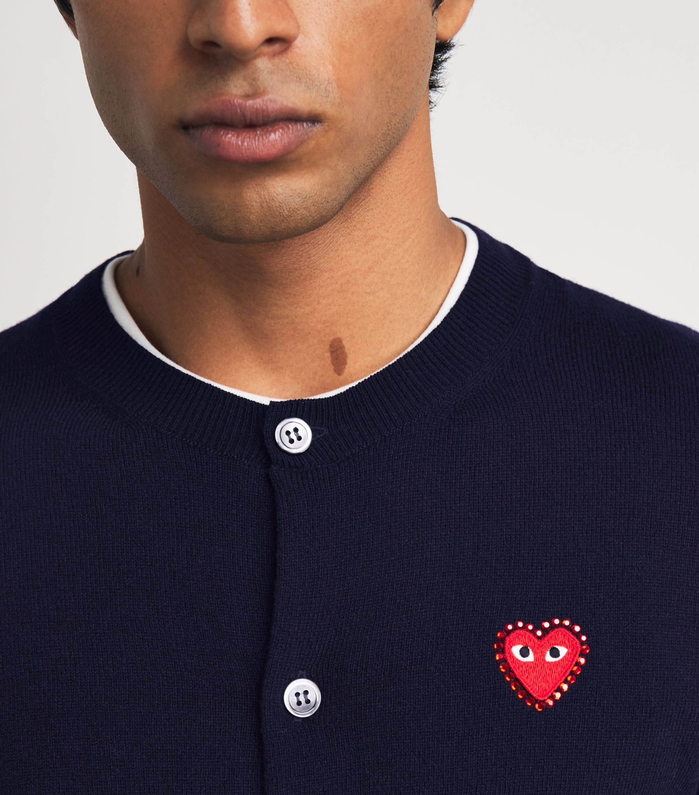 Comme Des Garçons Play Mens Wool Rhinestone Heart Logo Cardigan Navy Image 3