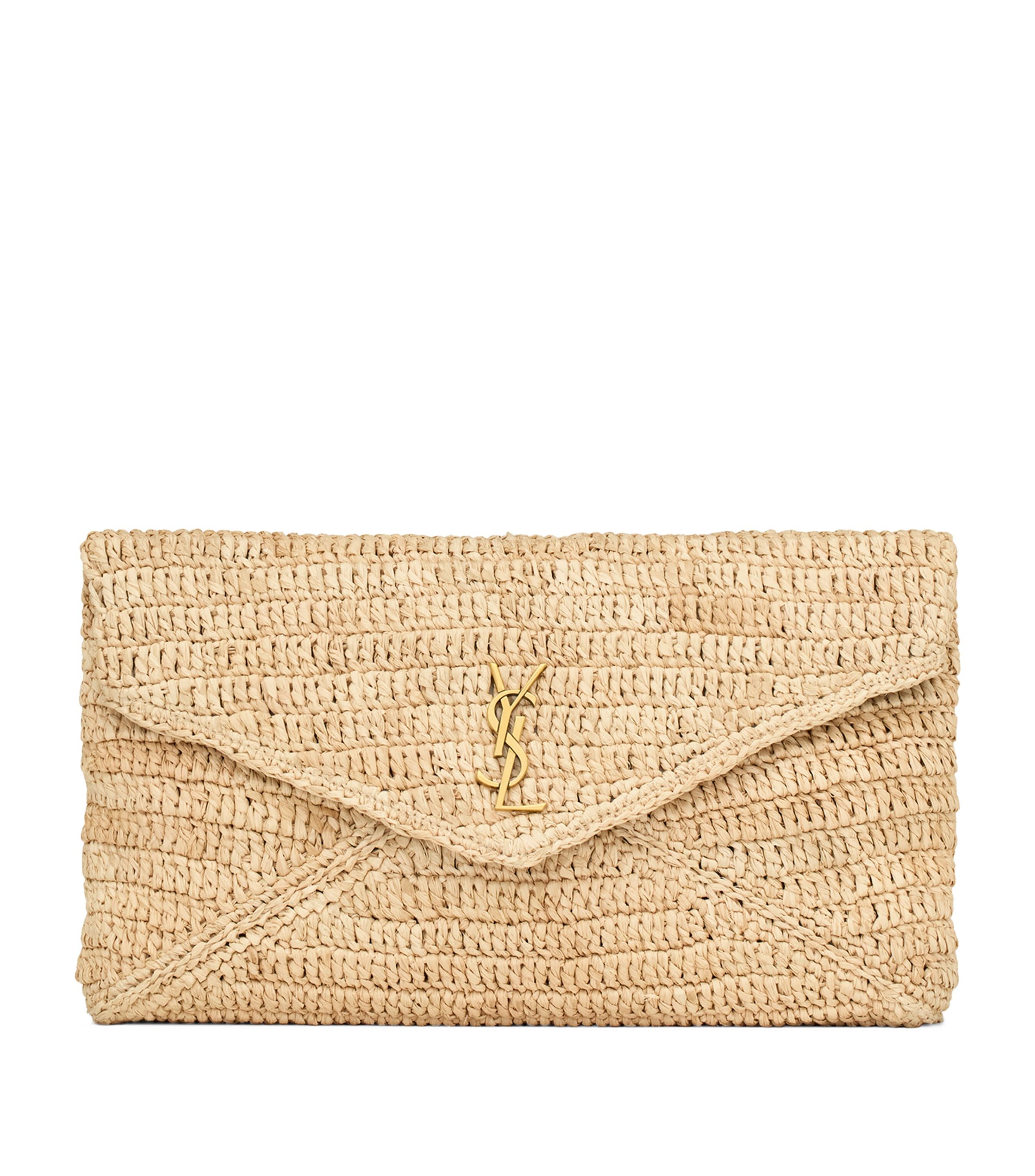 Saint Laurent Raffia Cassandre Envelope Pouch In Brown