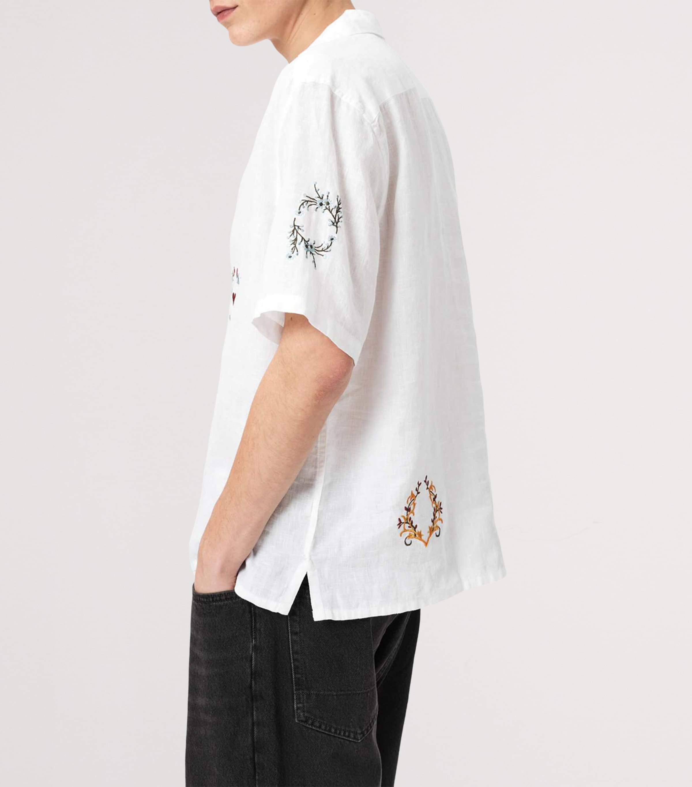 AllSaints Mens Linen Embroidered Deck Shirt Ecru Image 6