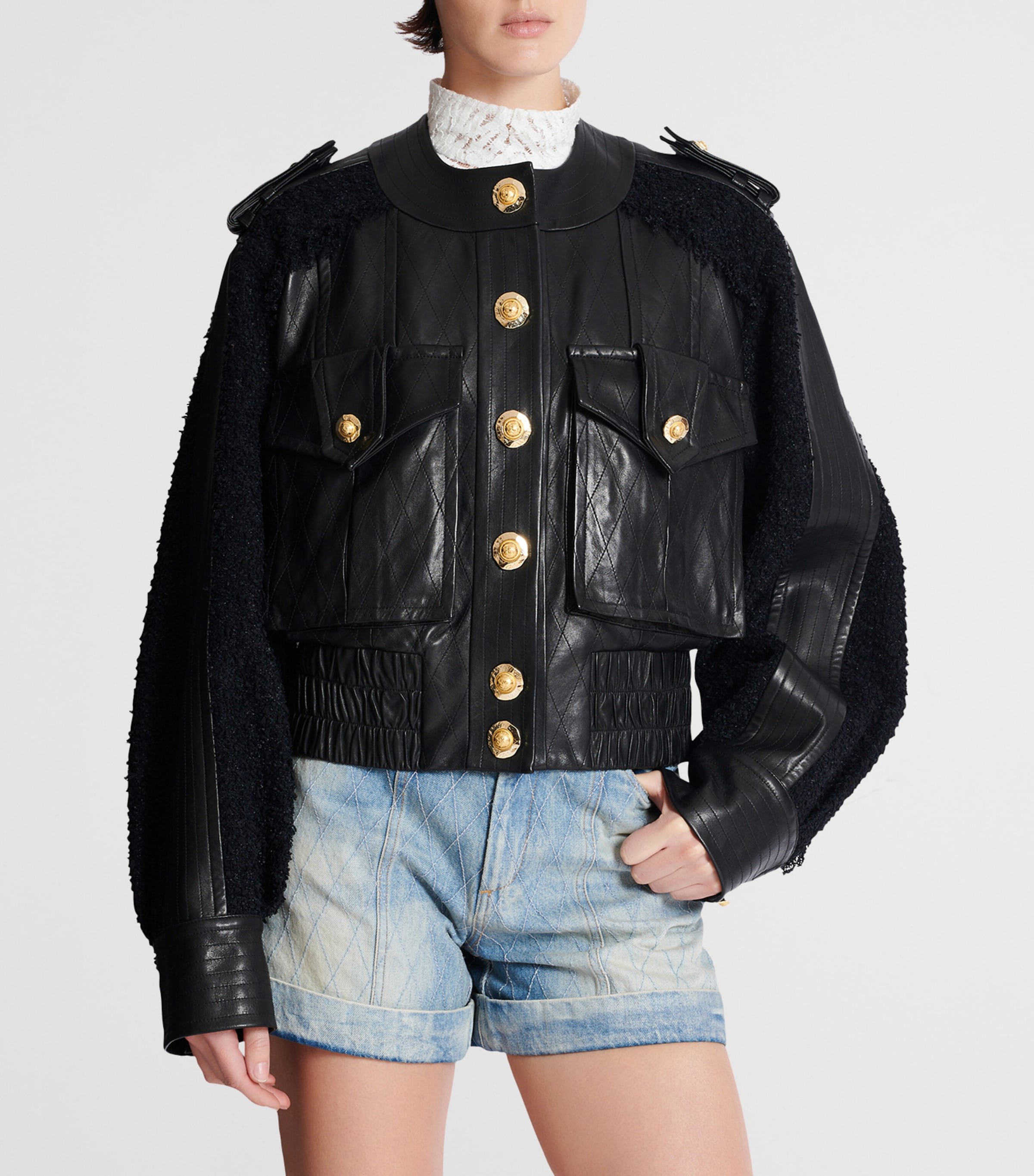 【関税&送料込み】Balmain Tweed Short Jacket Balmain Tweed-Trim Leather Jacket | Harrods US