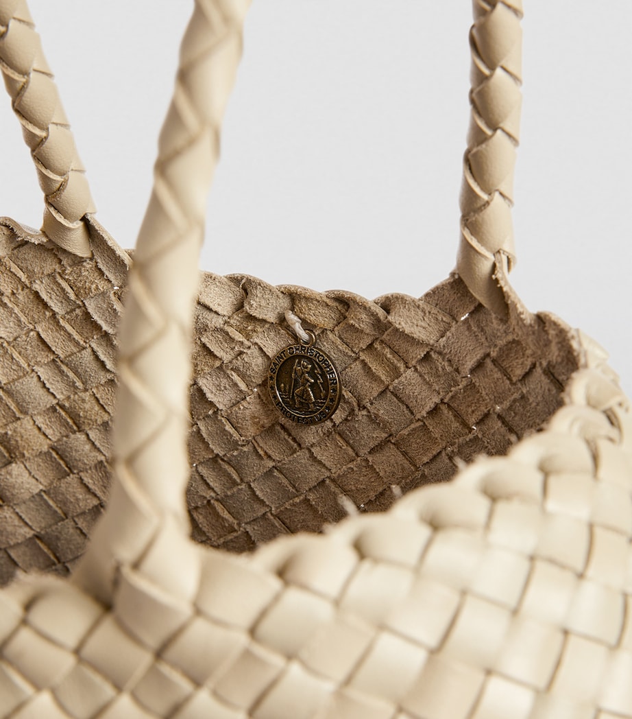 Small Leather Woven Santa Croce Tote Bag PEARL Image 3