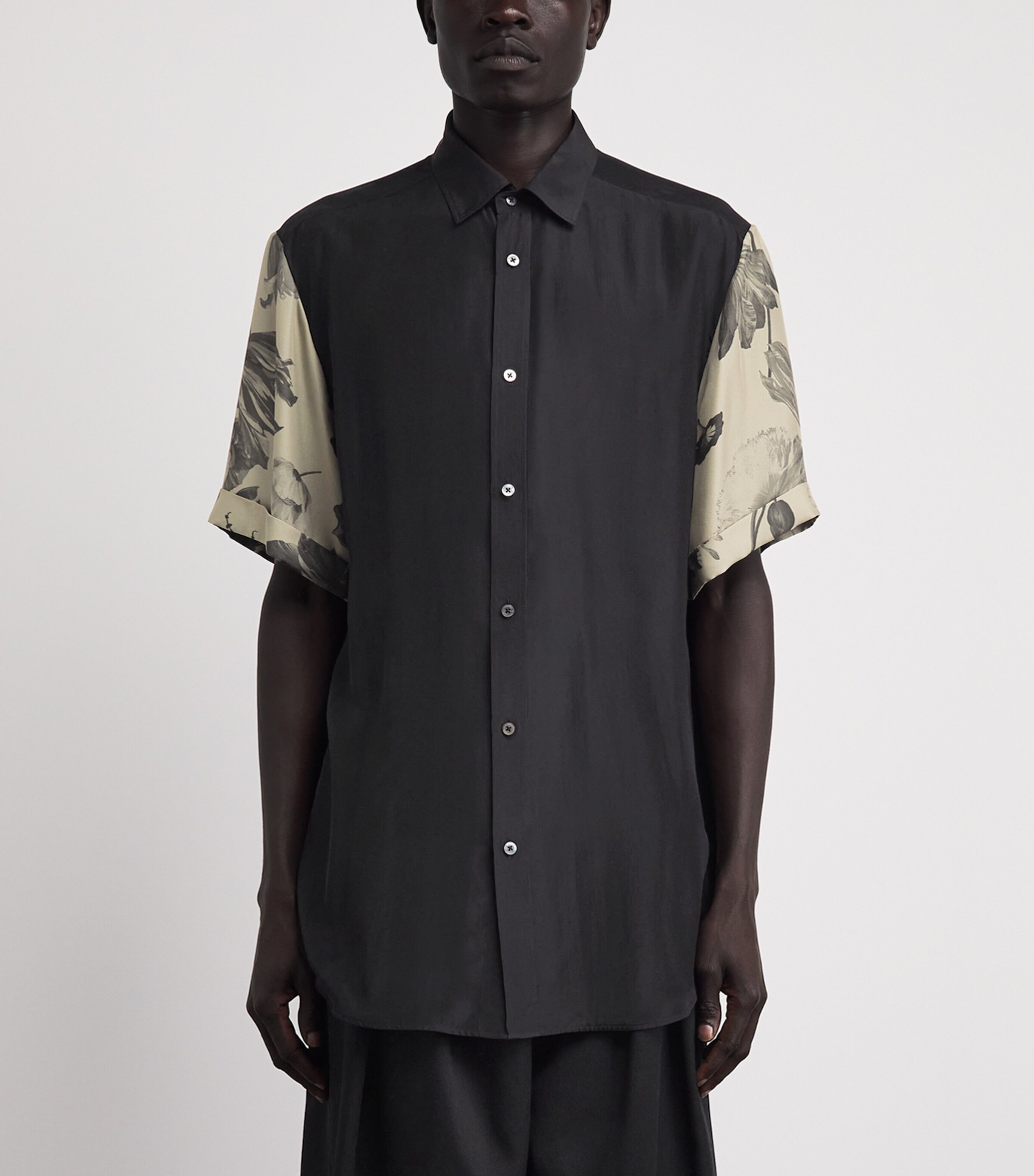 Maison Margiela Mens Silk Floral-Sleeve Shirt Black Image 4