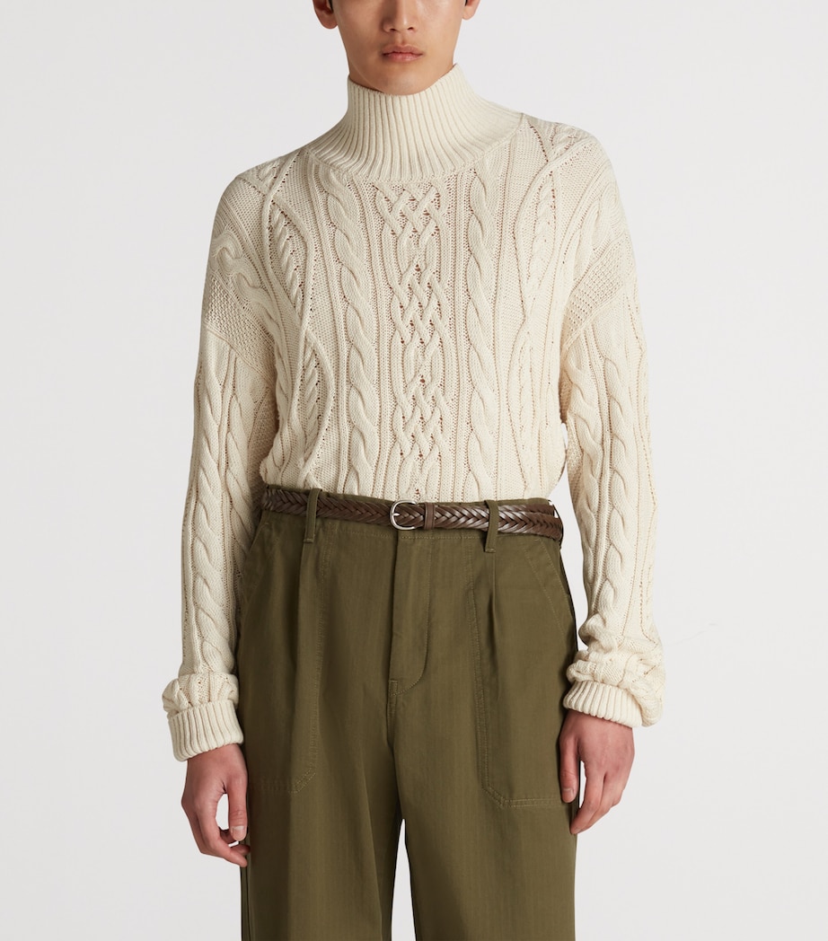 Cotton-Silk Aran Cable Sweater 101IVORY Image 3