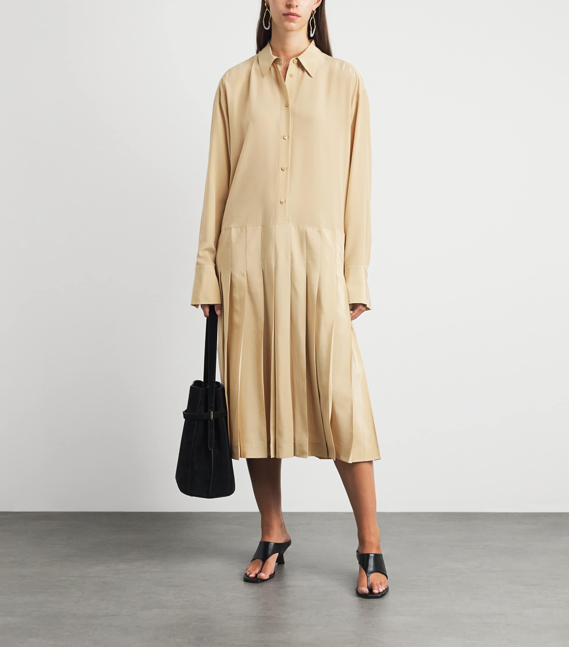 Toteme Womens Silk Pleated Midi Shirt Dress Chai Image 2