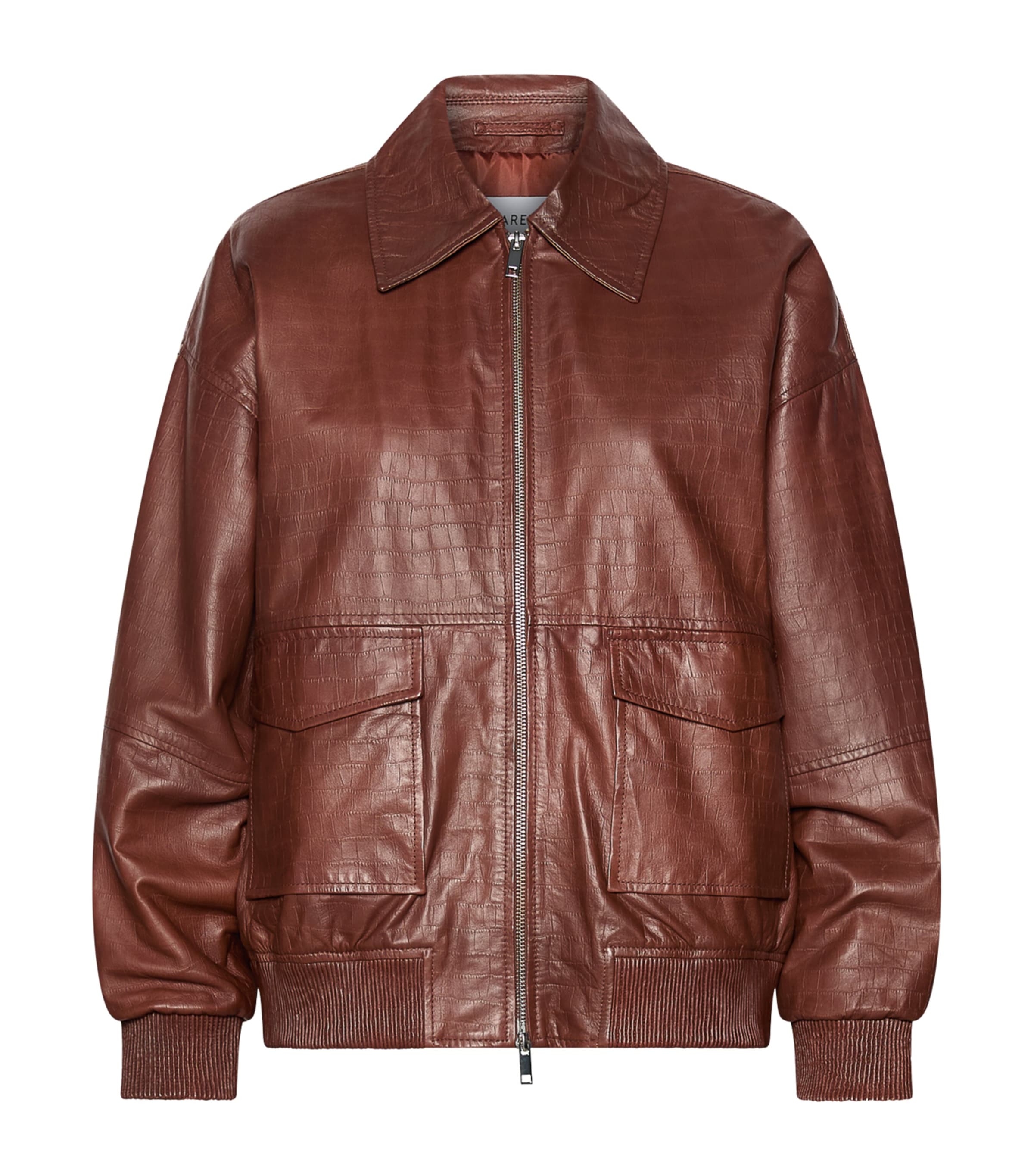 Marella Womens Croc-Embossed Leather Bomber Jacket Brown Image 1